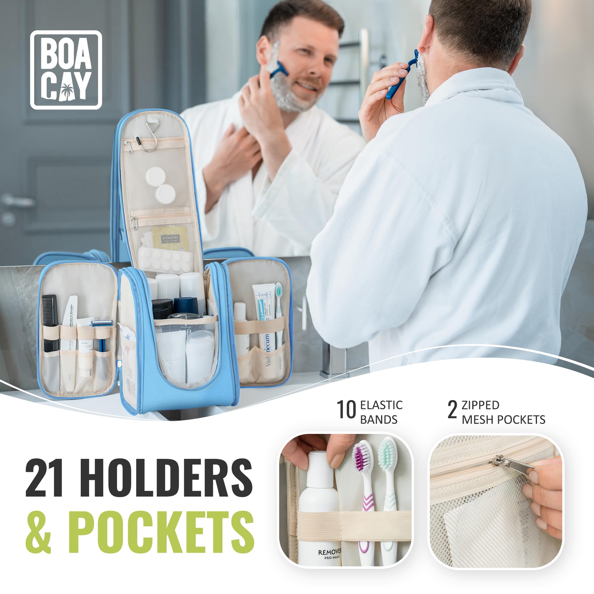 BOACAY Hanging Travel Toiletry Bag for Women & Men - Waterproof Makeup Organizer with 4 Clear Pockets - Perfect for Bathroom, Shower, Camping & Vacation Essentials Storage
