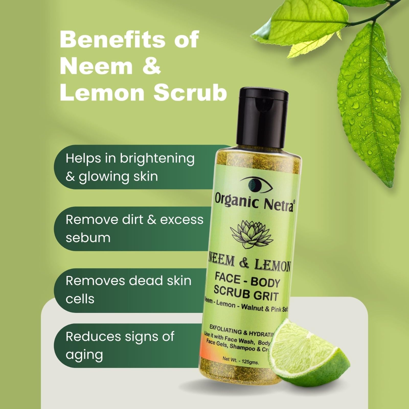 Organic Neem & Lemon Face and Body Scrub - Natural Exfoliating & Hydrating Body Wash with Herbal Ingredients | Paraben-Free, SLS-Free, Cruelty-Free | For Glowing Skin & Deep Cleansing | Perfect for Daily Skincare Routine & Spa Treatments (125g)