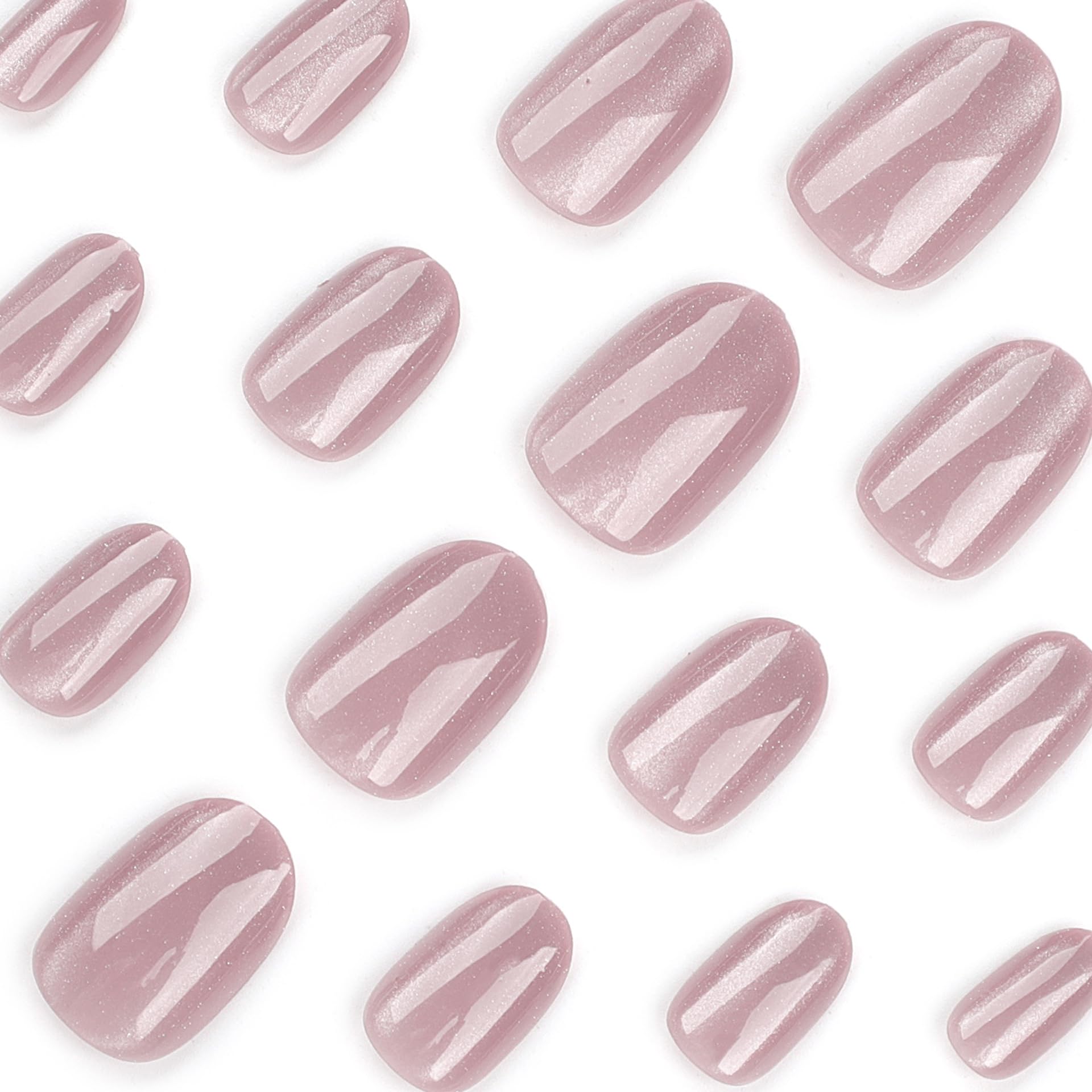 Short Oval Press on Nails - Pink Glitter Acrylic Fake Nails with Glossy Finish | 24Pcs Full Cover Artificial Nails for Girls | Easy Glue on Nails for Parties, Weddings & Daily Wear