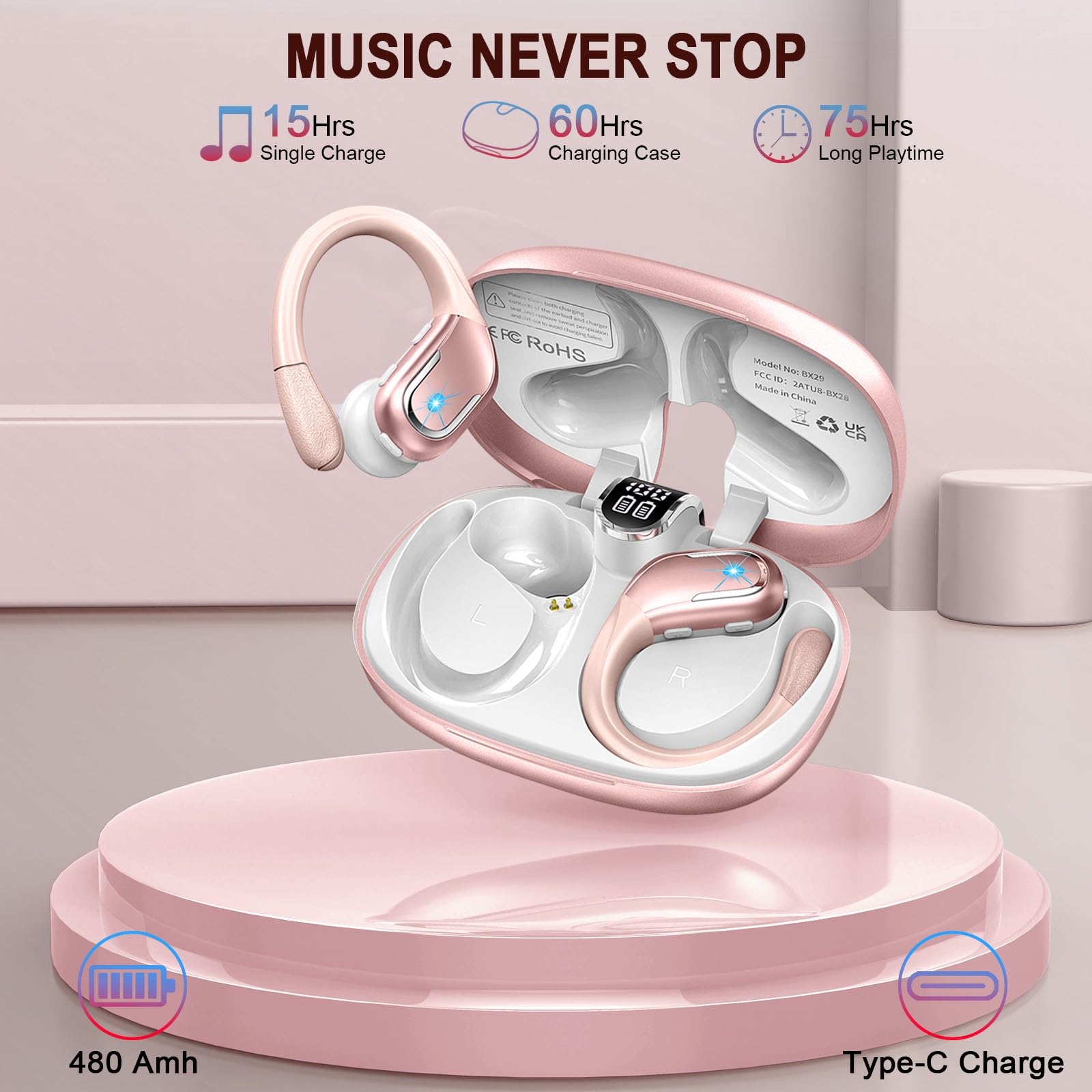 Wireless Bluetooth 5.3 Earbuds with ENC Noise Cancellation, 75H Playtime IPX7 Waterproof Sports Earphones for Running, Gym & Workout - Rose Gold (Compatible with iOS/Android) - Perfect for Commuting, Travel & Outdoor Activities