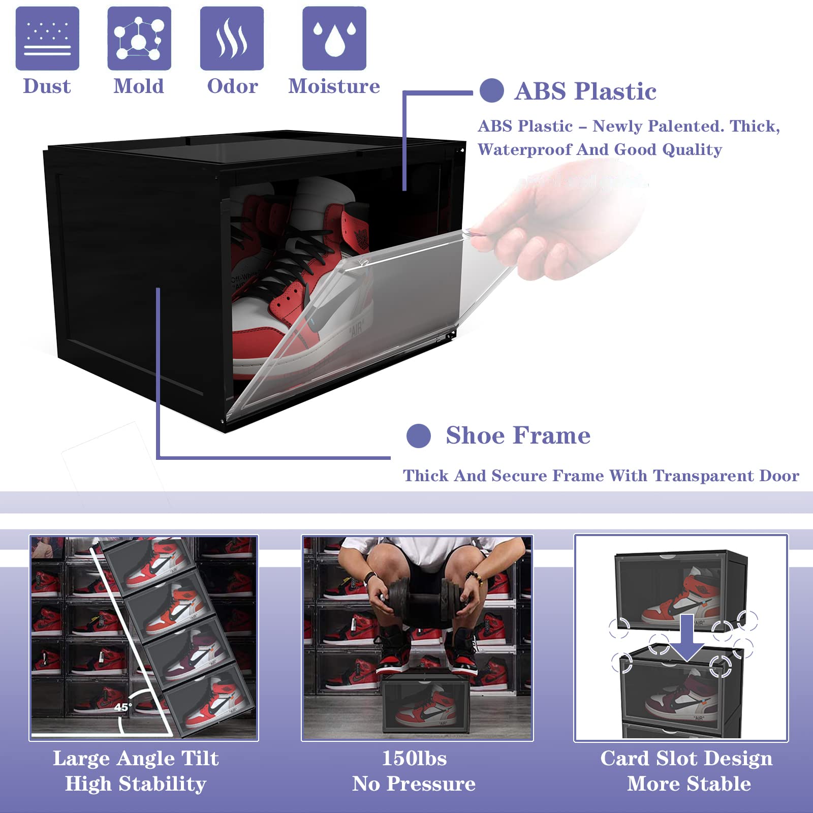 Reitu 3 Pack Clear Plastic Stackable Shoe Storage Boxes - Front Opening Drawer Organizer Bins for Closet, Underbed & Entryway (Deep Black) | Space Saving Shoe Containers for Men & Women
