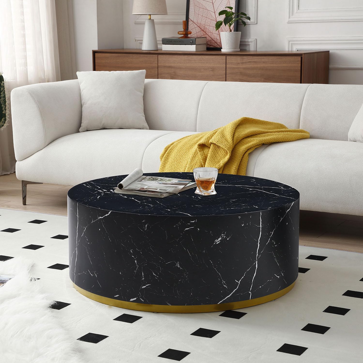 Modern Round Coffee Table with Marble Top & Gold Metal Base - Stylish Accent Table for Living Room, Bedroom or Office - Perfect for Coffee, Books & Decor