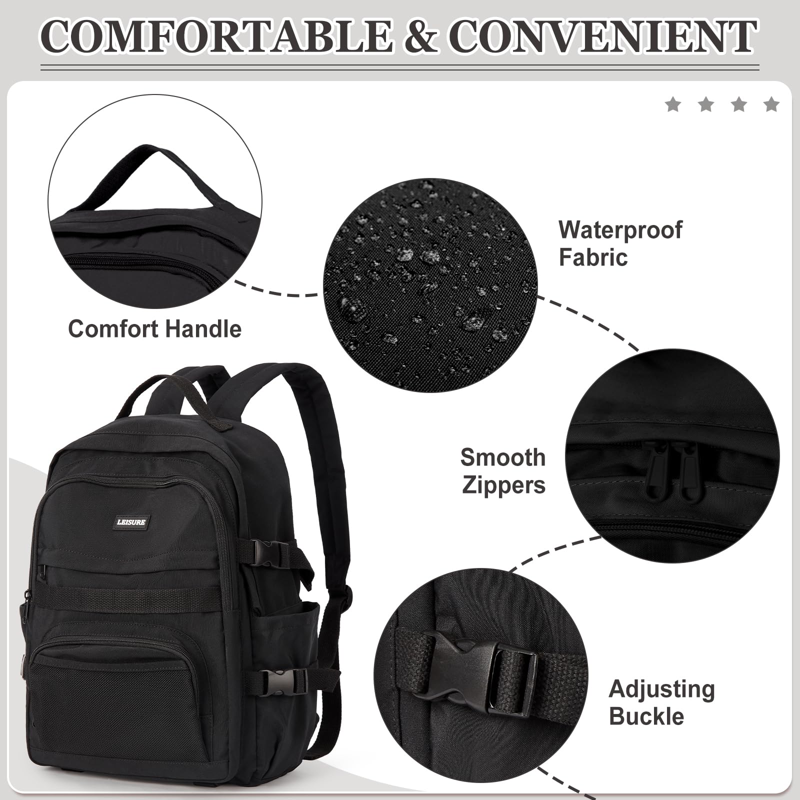 SEAFEW Lightweight Water Resistant Laptop Backpack for College, High School Students - Durable Book Bag for Men & Women, Perfect for Travel, Work & Daily Use - Black (G1) - Ideal for Commuting, Campus Life & Business Trips