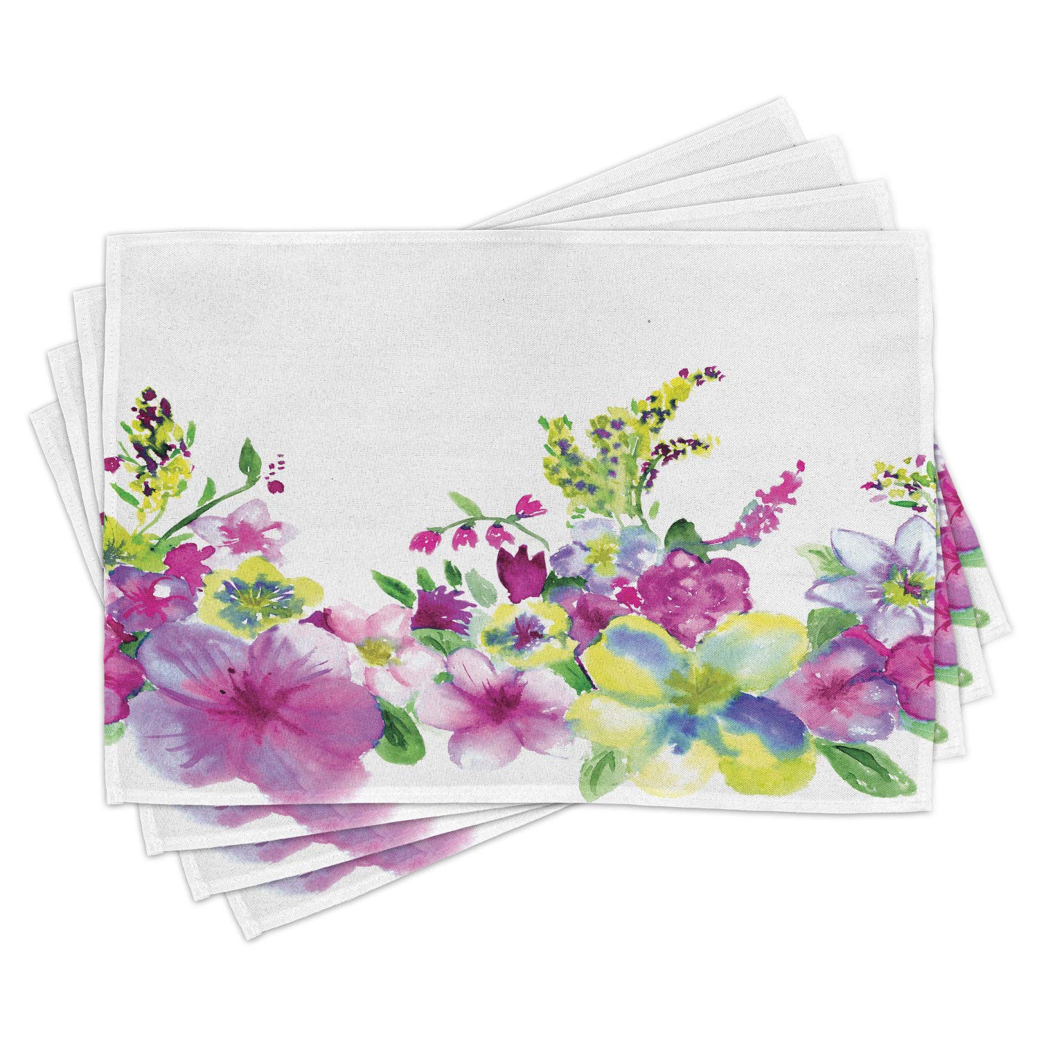 Ambesonne Watercolor Flower Placemats Set of 4 - Abstract Floral Design with Heathers & Stocks - Washable Fabric Table Mats for Dining Room & Kitchen Decor (Pink & Green) - Perfect for Dinner Parties, Holiday Gatherings & Everyday Use