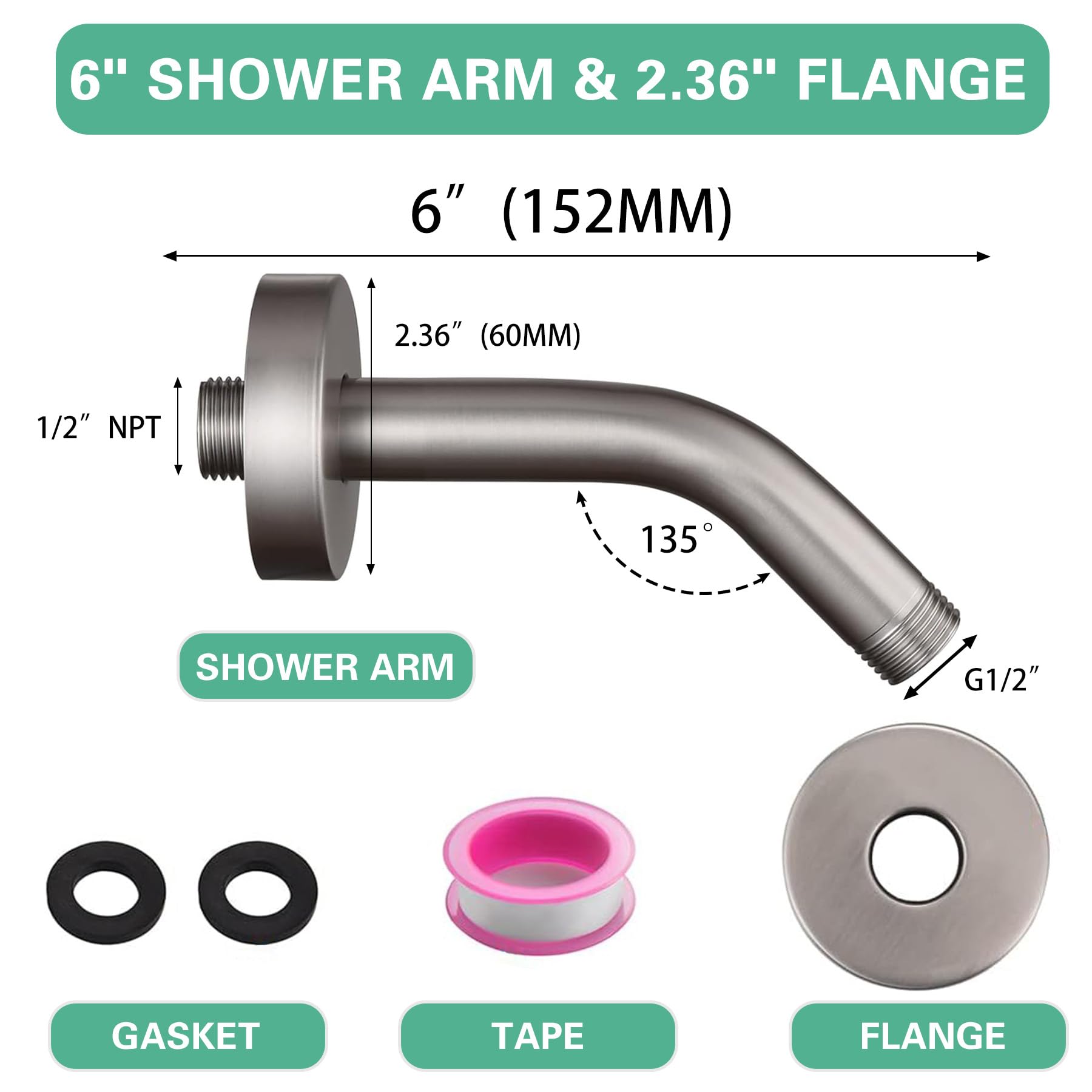 Stainless Steel Shower Head Extension Arm with Flange & Tape - 6 Inch Brushed Nickel Wall Mounted Shower Extender for Fixed Shower Heads | Perfect for Bathroom Renovation & Space-Saving Shower Solutions