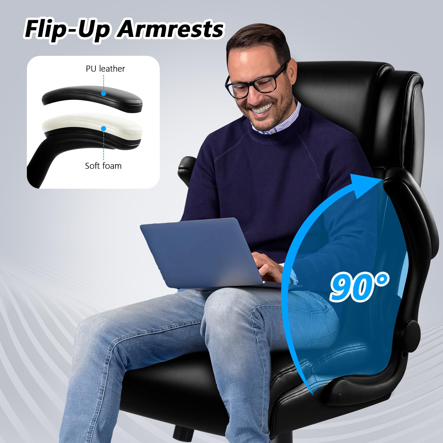 Big and Tall Office Chair - Heavy Duty Ergonomic Leather Computer Desk Chair with Flip-Up Armrests & Lumbar Support - 400 lbs Weight Capacity - Perfect for Home Office, Gaming, and Executive Workspaces
