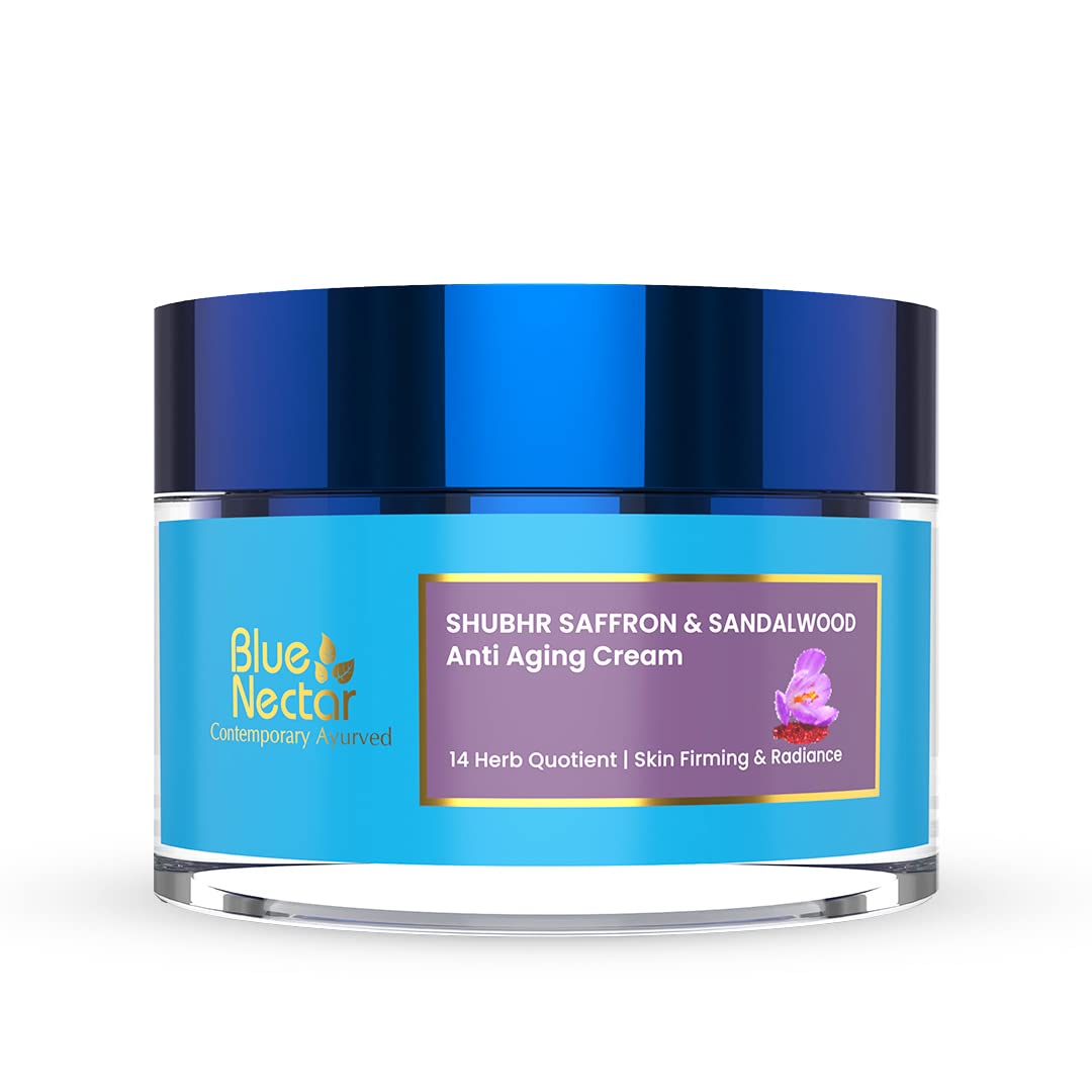Blue Nectar Ayurvedic Anti-Aging Face Cream with Saffron & Turmeric - Firming Moisturizer for Wrinkles & Aging Skin | Plant-Based Collagen Booster with 14 Herbs (1.7 Oz) | Perfect for Daily Skincare Routine & Nighttime Hydration