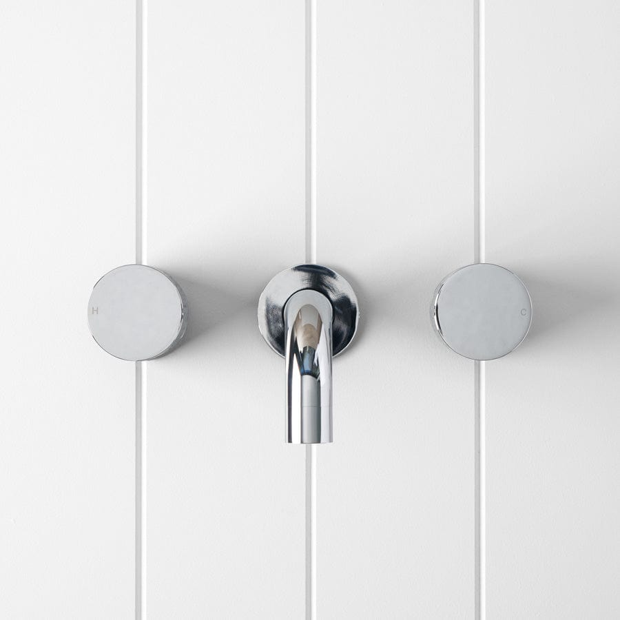 Chrome Wall Spout with Round Wall Taps - Modern Bathroom Faucet for Sink, Vanity, and Powder Room Installation