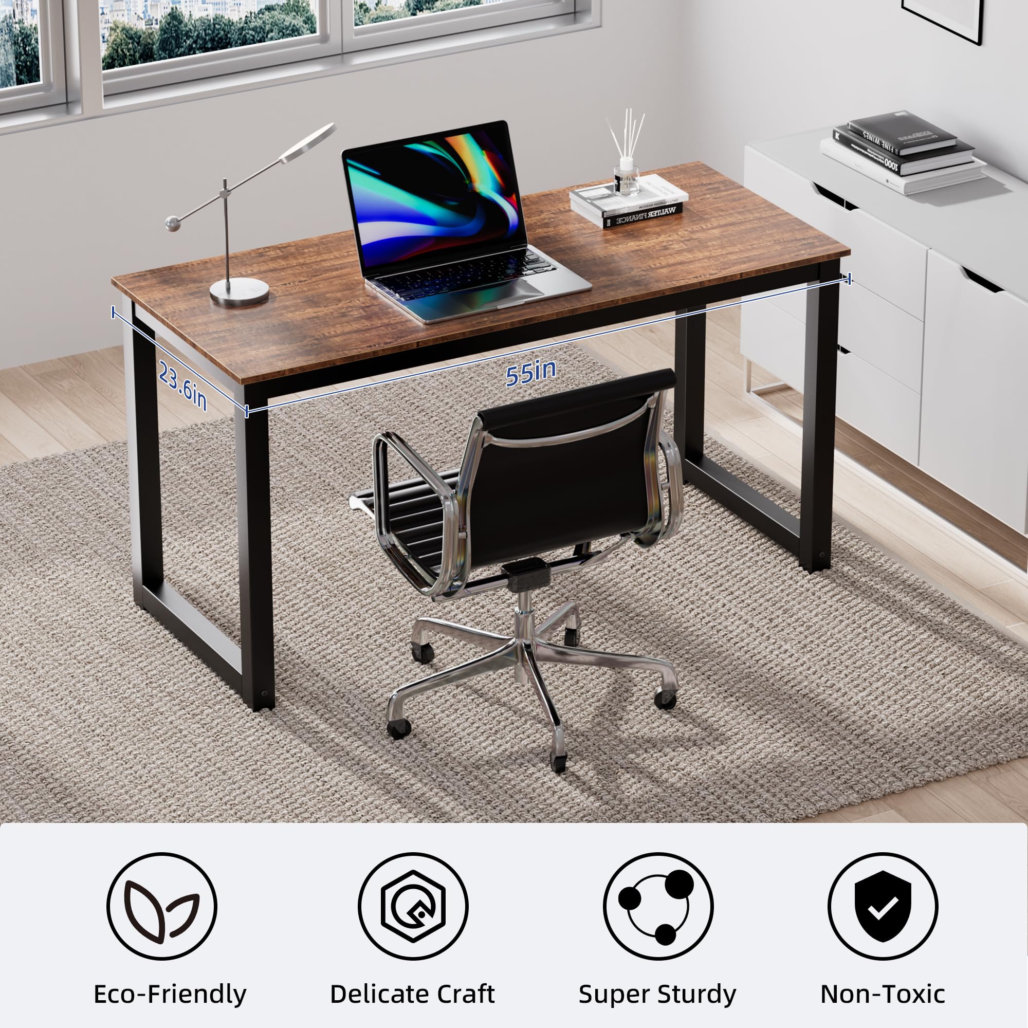 55 Inch Modern Industrial Computer Desk - Home & Office Workstation with Leg Bars, Rustic Brown Writing Table for PC & Laptop | Perfect for Small Spaces, Gaming Setup & Remote Work