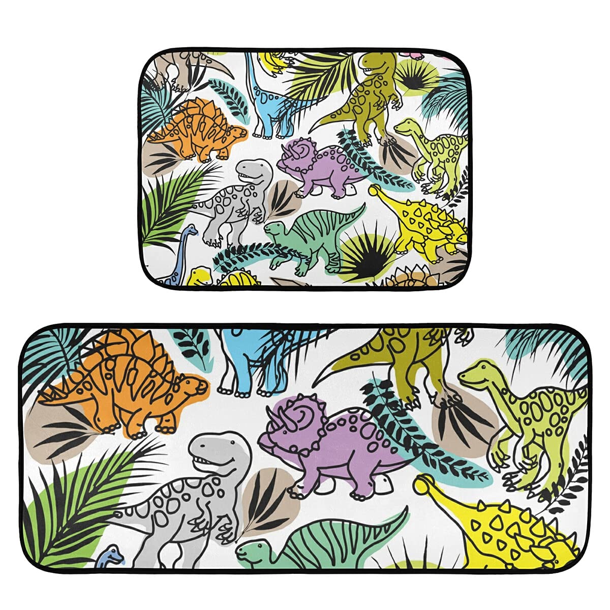 Dinosaur & Tropical Plant Non-Slip Kitchen Rug Set of 2 - Washable Floor Mats for Kitchen, Laundry Room - Cute Home Decor with Anti-Skid Backing (Perfect for Kids' Playroom & Dinosaur-Themed Bedrooms)
