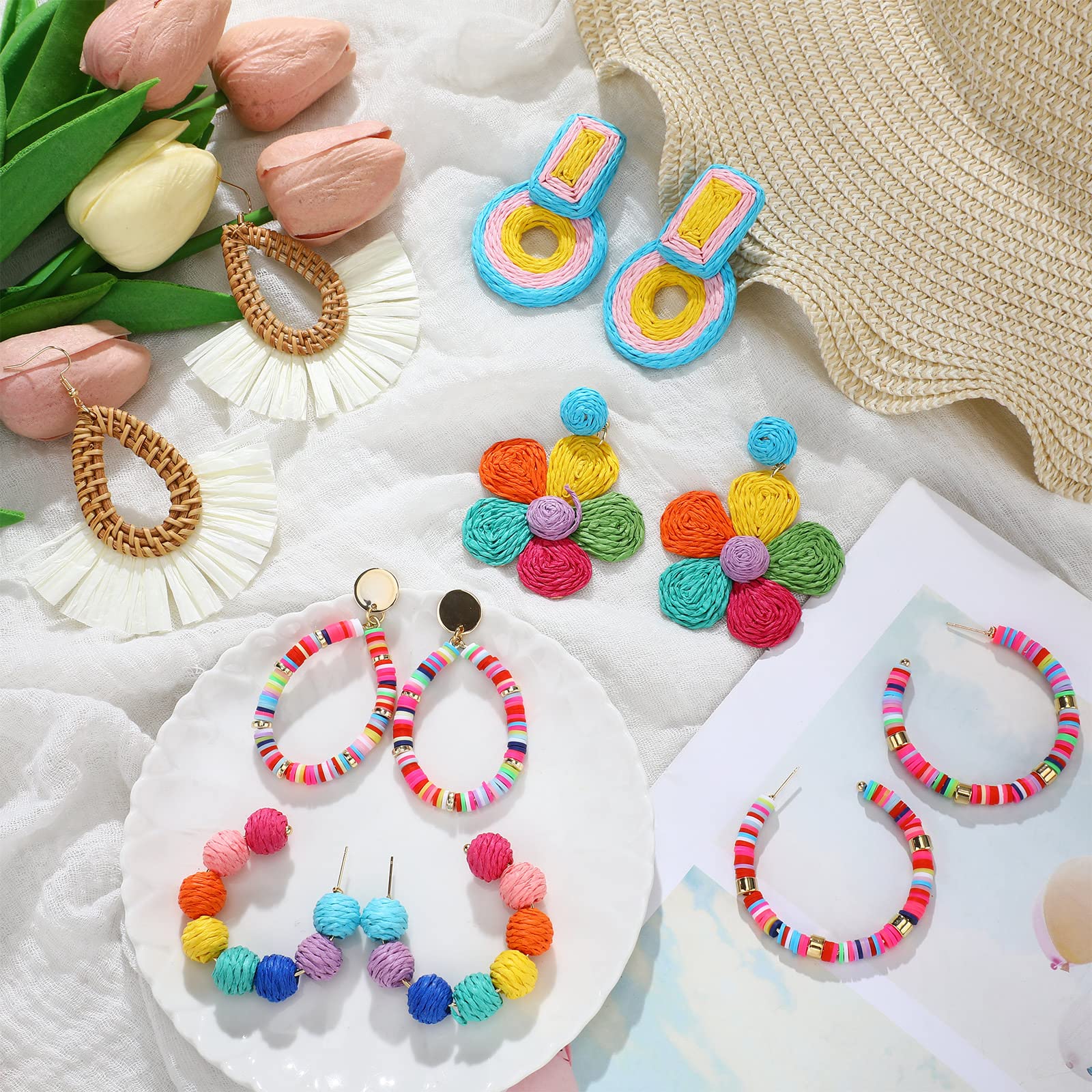 Kigeli 6 Pairs Boho Rattan Earrings for Women - Colorful Beaded Tassel Dangle Hoop Earrings, Handmade Summer Raffia Heishi Drop Statement Jewelry - Perfect for Beach Vacations, Music Festivals & Boho Fashion Outfits