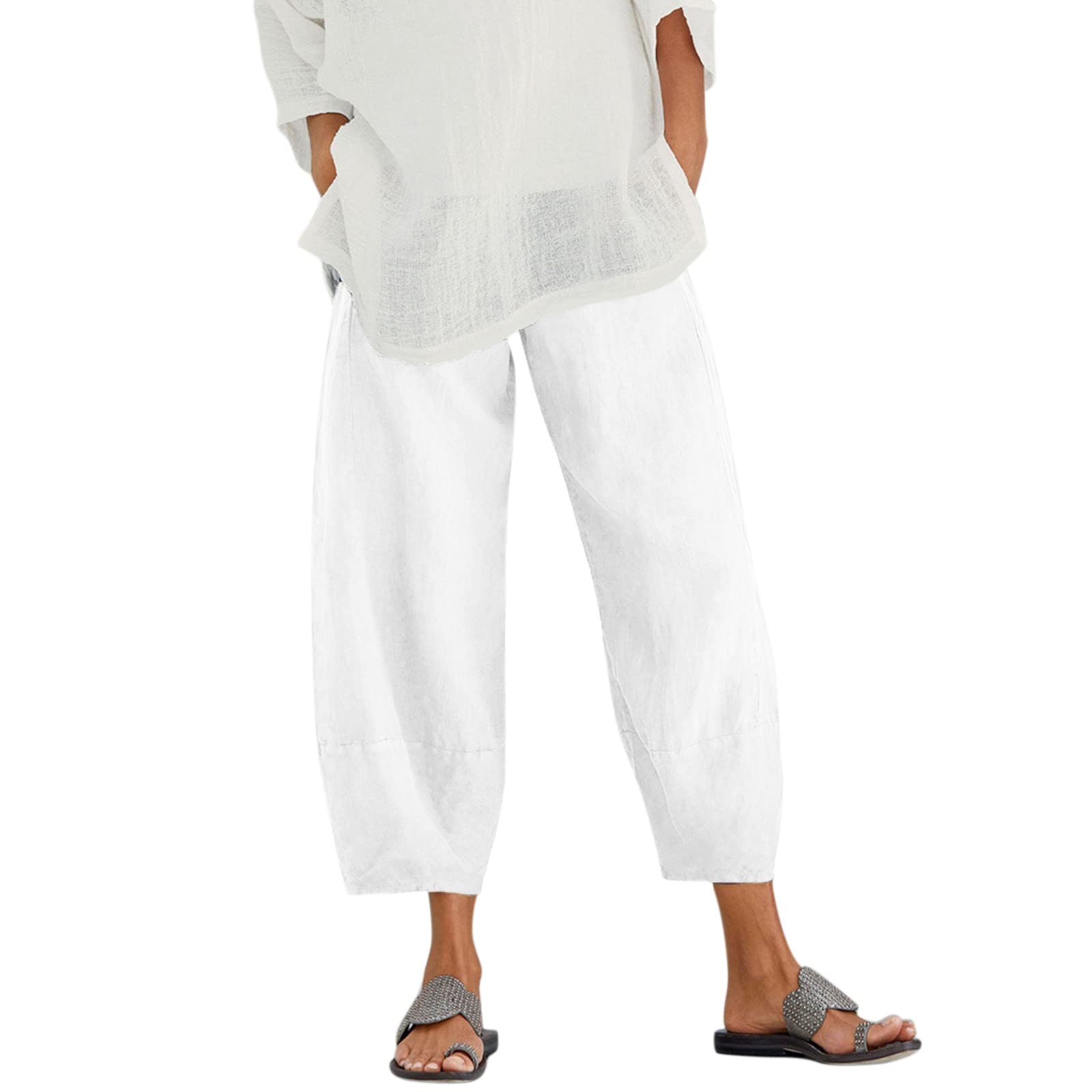 Women's Loose Cotton Harem Pants - Elastic Waistband, Cropped Style with Pockets | Breathable Linen Comfort for Yoga, Lounge & Casual Wear