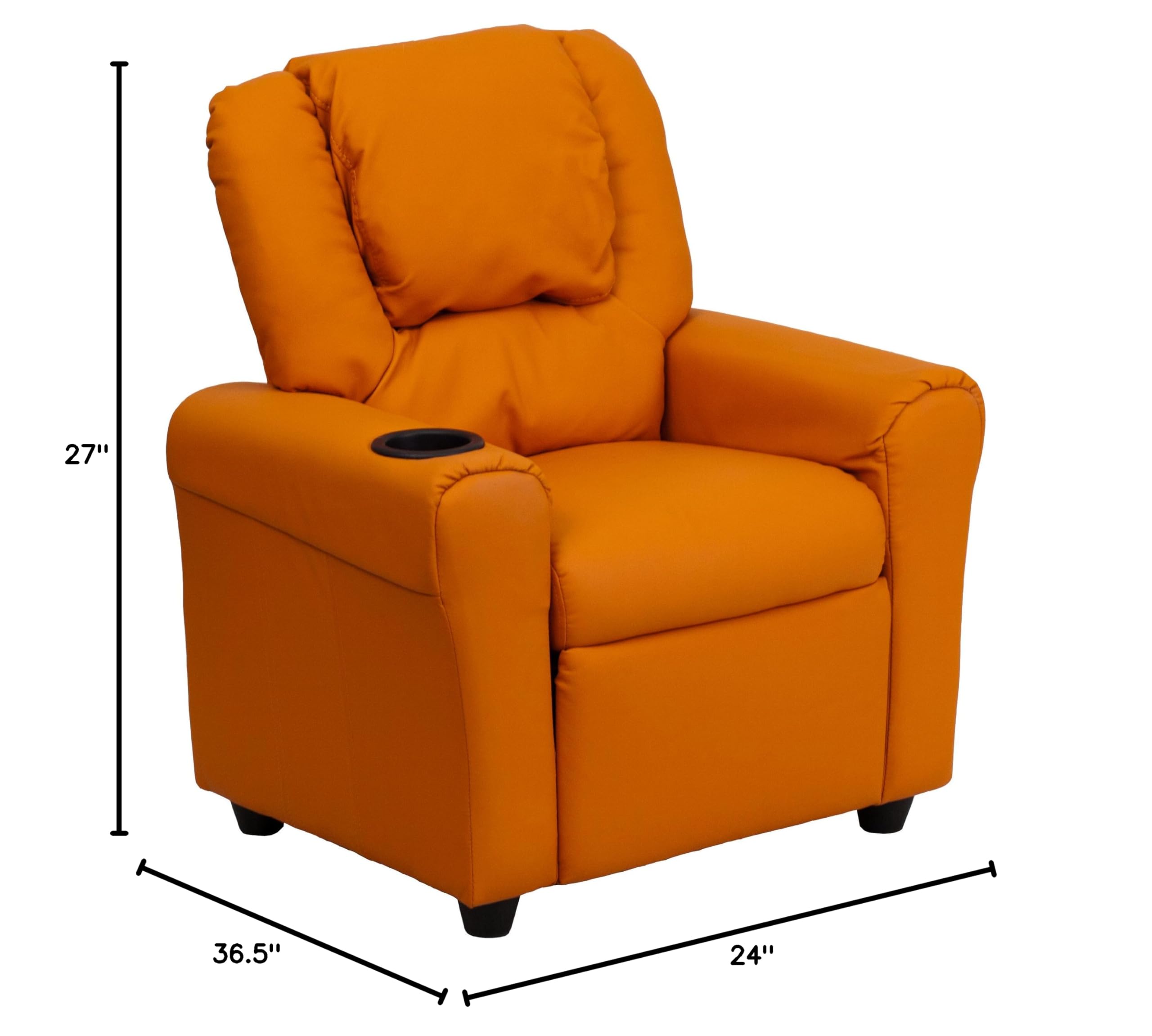 Emma & Oliver Orange Vinyl Kids Recliner Chair with Cup Holder & Headrest - Comfortable Children's Lounge Chair for Playroom, Bedroom or TV Time