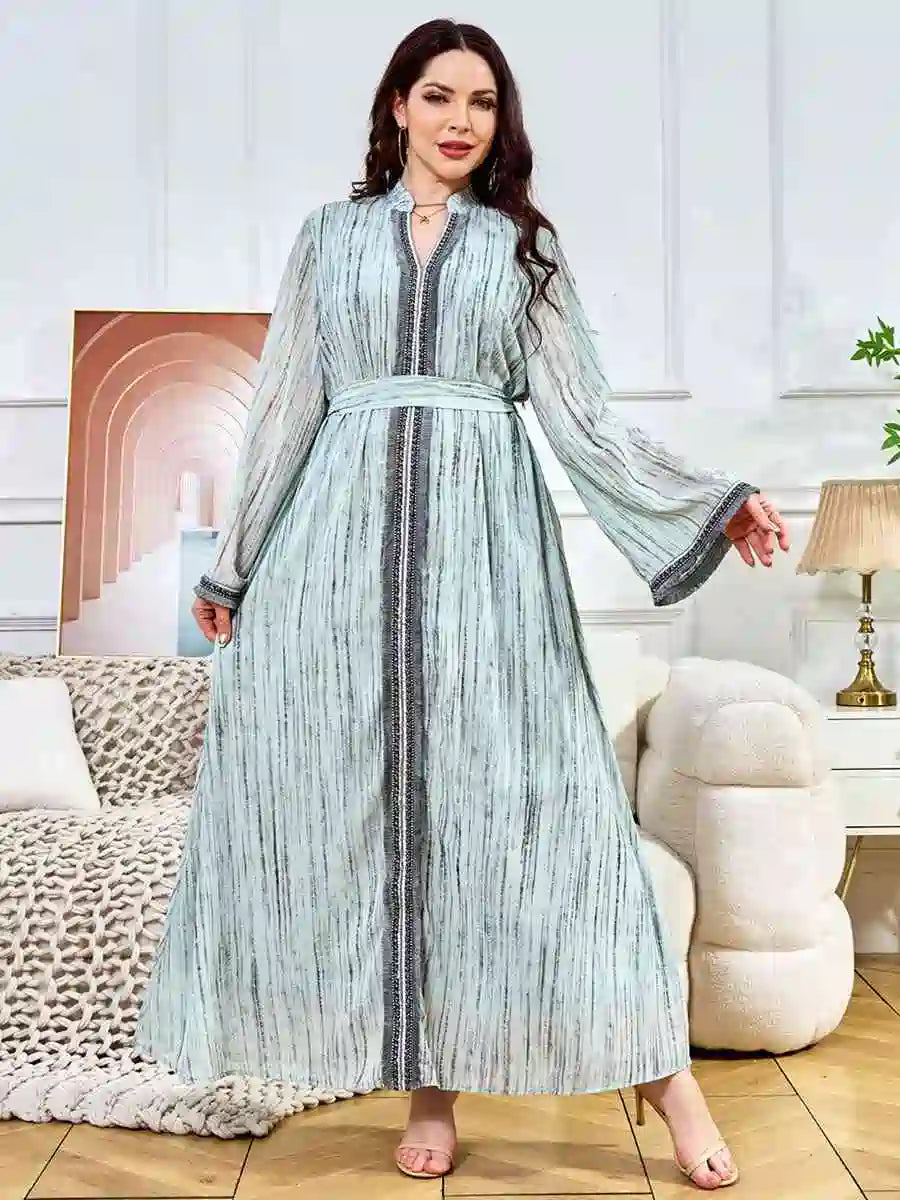 Hotfix Rhinestones Eid Caftan Kaftan Dress for Women - Elegant Long Sleeve Party Gown for Eid, Wedding, and Special Occasions #25392