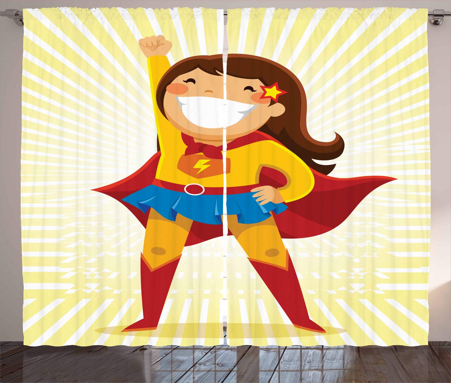 Ambesonne Superhero Curtains for Kids - Courageous Little Girl in Costume Standing Heroically, 2 Panel Window Drapes 108