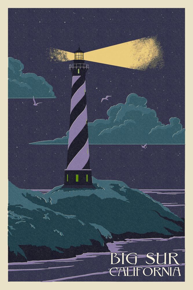 Big Sur California Lighthouse Letter Press 46327 - 24x36 Signed Art Print, Wall Decor Poster for Living Room, Bedroom & Office