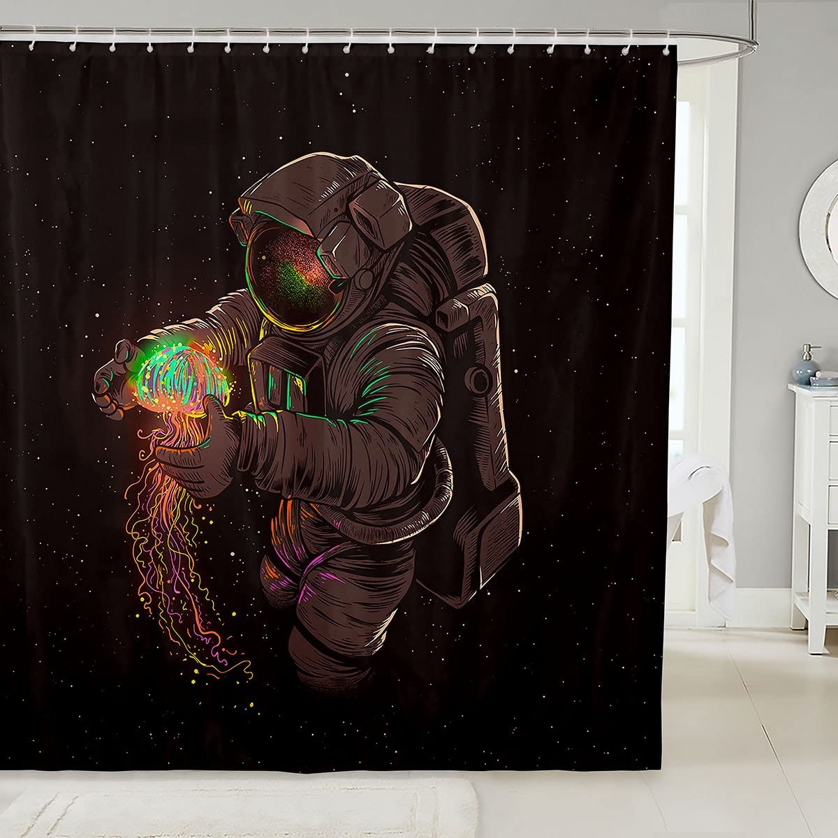 Castle Fairy Astronaut Shower Curtain - Colorful Jellyfish Space Theme Bathroom Decor for Kids & Adults - Waterproof 72x72 Inch Boho Psychedelic Bath Curtain Set - Perfect for Galaxy Themed Bathrooms & Kids' Room Decor