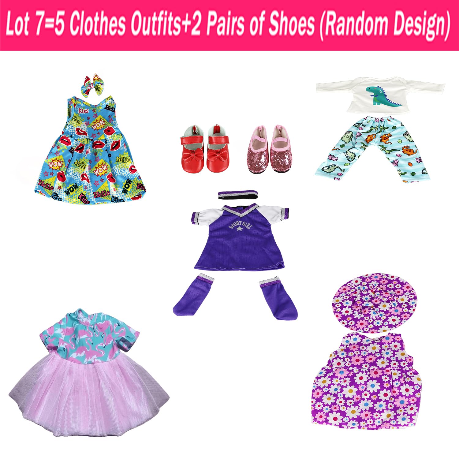 18 Inch Doll Clothes Set - 5 Everyday Outfits & 2 Random Shoes | American Girl Doll Fashion Gift | Perfect for Playtime, Dress-Up & Collectibles