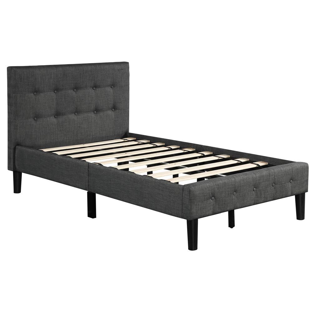 **Upholstered Wood Platform Bed Frame with Tufted Headboard - Twin Size, Wood Slat Support, No Box Spring Needed, Gray - Perfect for Modern Bedrooms & Guest Rooms**