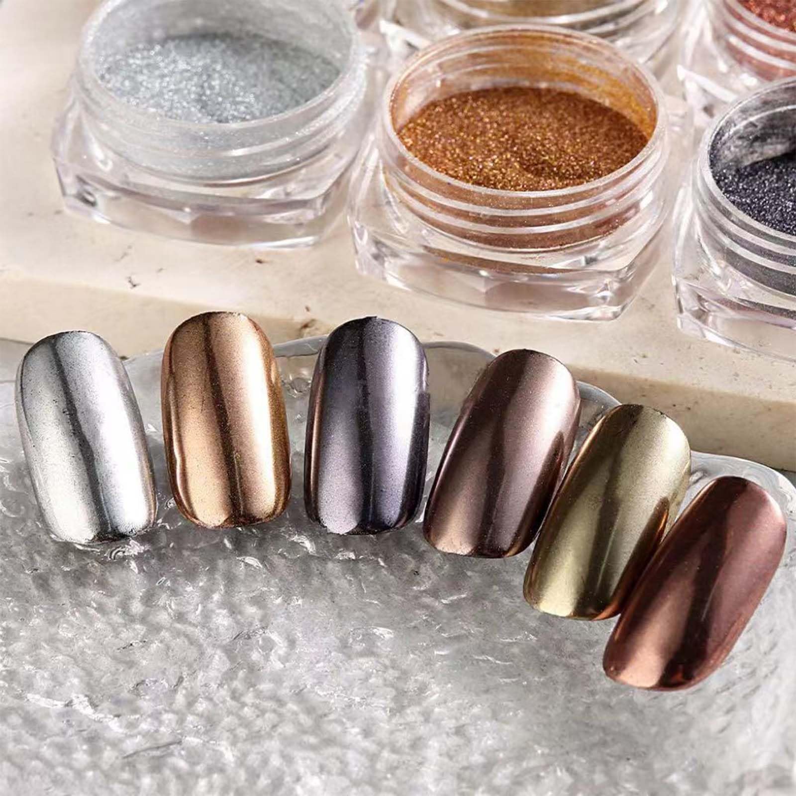 6 Boxes Chrome Nail Powder Set - Metallic Mirror Effect Nail Art Powder in Gold, Bronze, Silver, Black & Brown | Holographic Glitter for Gel Polish | DIY Salon & Home Manicure | Perfect for Parties, Weddings & Special Occasions