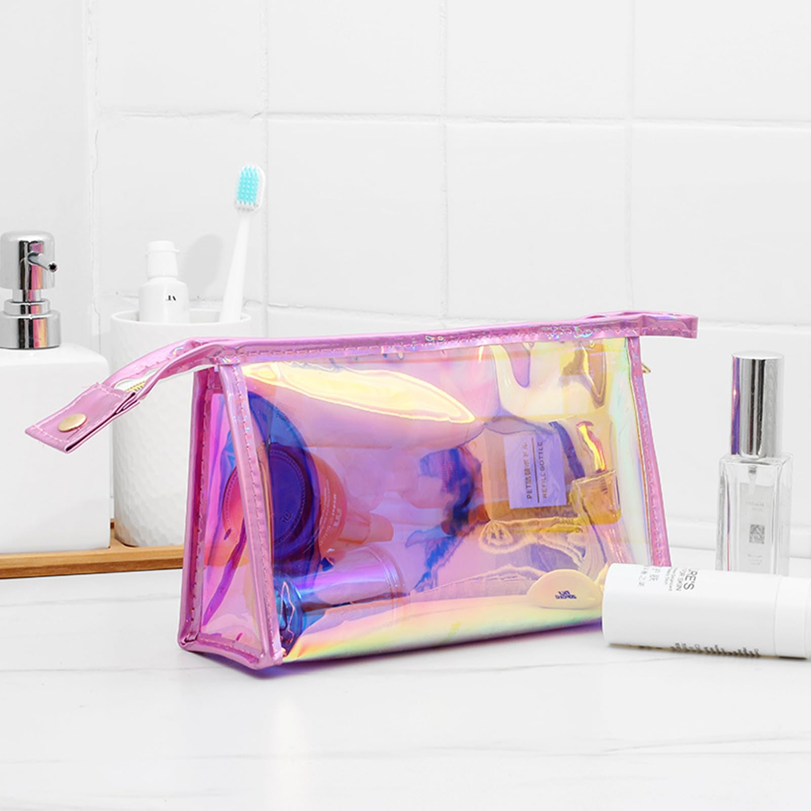 AJOJO 3-Piece Holographic Makeup Bags Set - Waterproof Iridescent Cosmetic Organizer with Zipper, Clear Travel Toiletry Bag for Brushes & Accessories - Perfect for Women's Gifts, Travel, Gym & Daily Makeup Storage