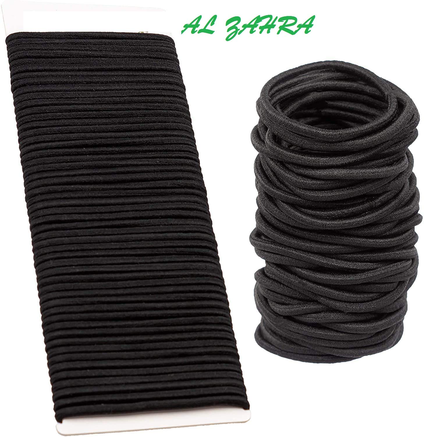 AL ZAHRA 50 Pack 4mm Elastic Hair Ties - No Metal Ponytail Holders for Women, Girls, Kids & Men - Soft Hairbands for Thick Hair (Black) - Perfect for School, Work, Sports & Daily Styling