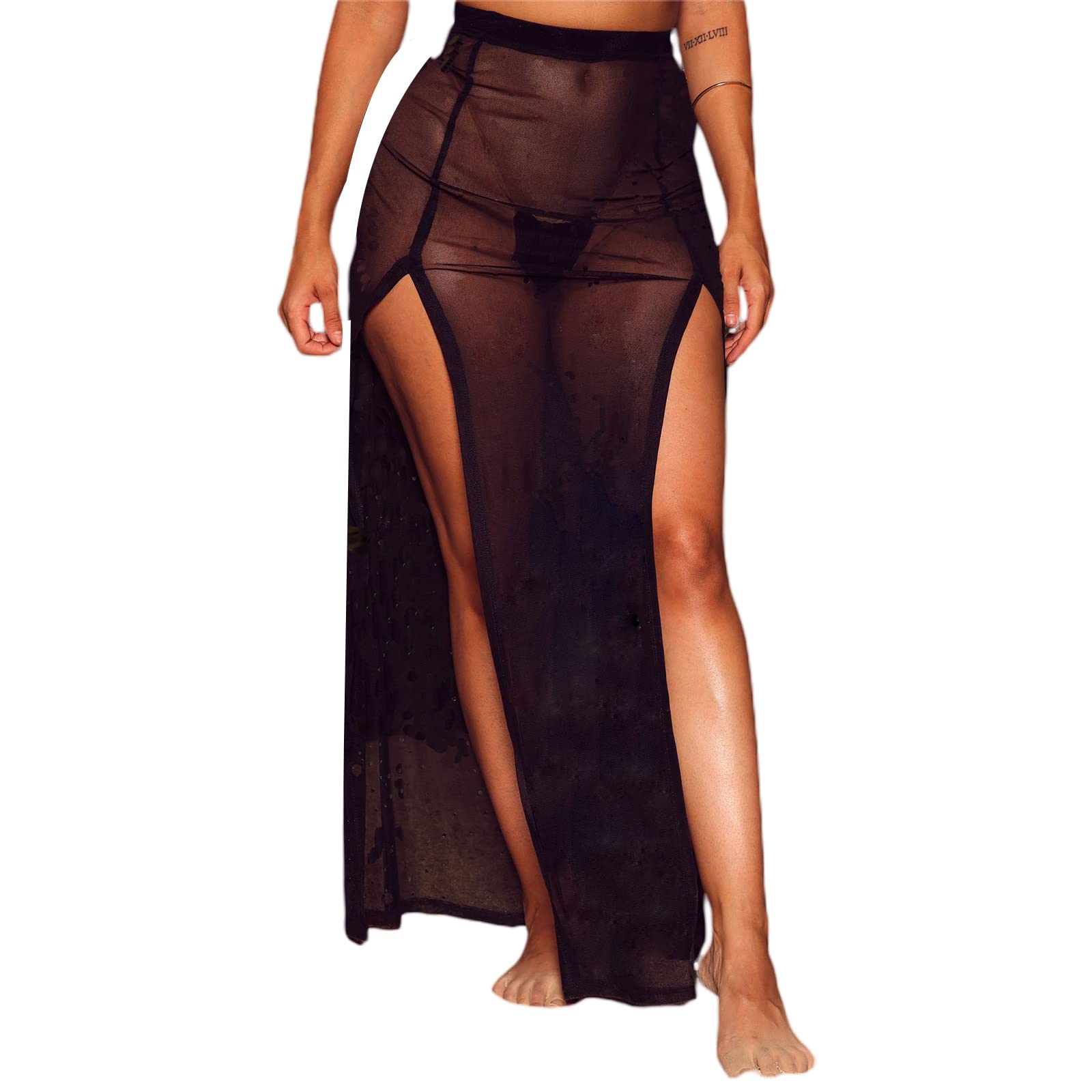 Women's High Slit Long Mesh Cover Up Skirt - Beach Sarong Swimsuit Cover Up for Pool, Vacation & Summer Outfits