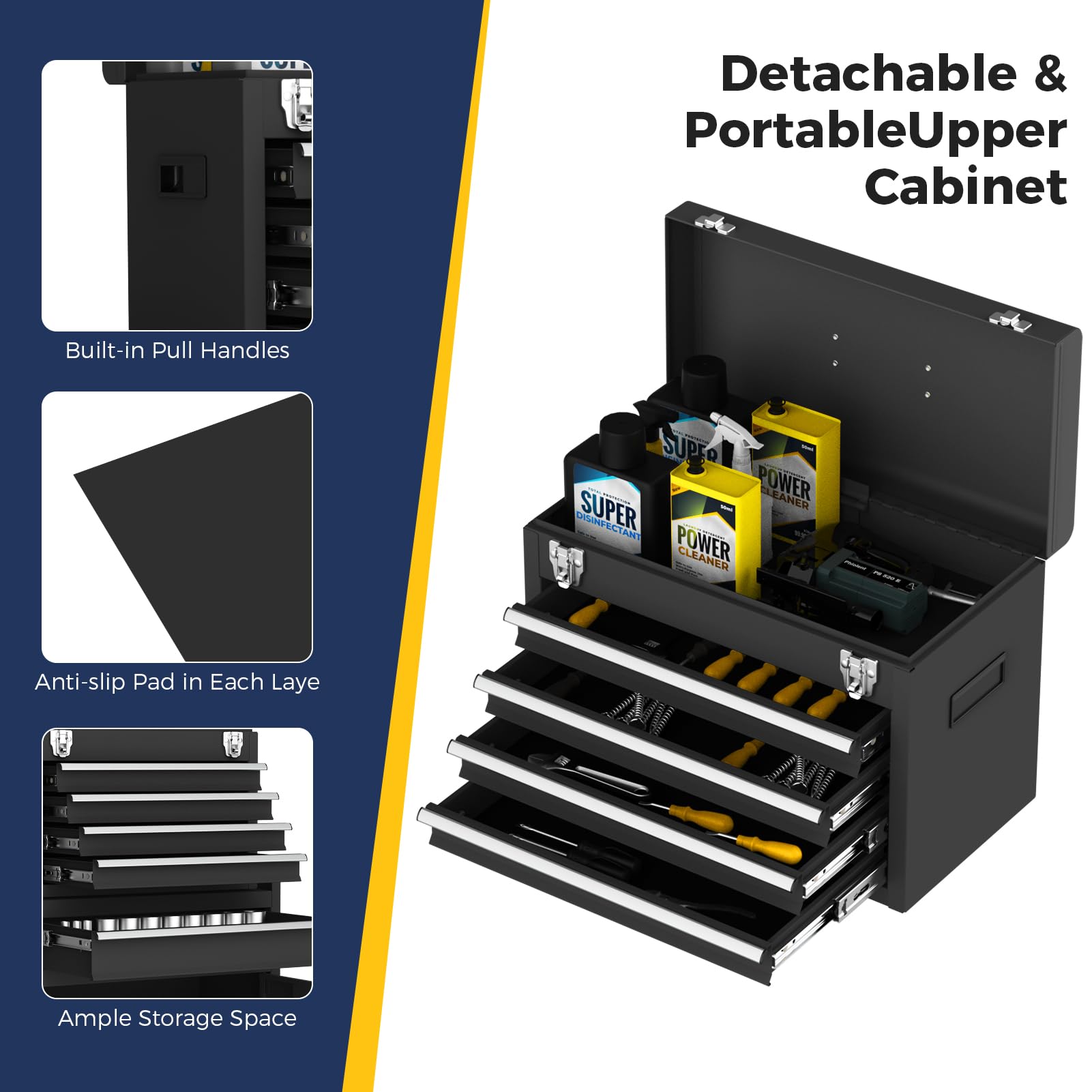 5-Drawer Black Rolling Tool Chest - Heavy Duty 2-in-1 Mechanic Tool Box with Lockable Storage & Wheels | Garage, Workshop & Warehouse Organization | Perfect for Automotive Repair, DIY Projects & Professional Tool Storage