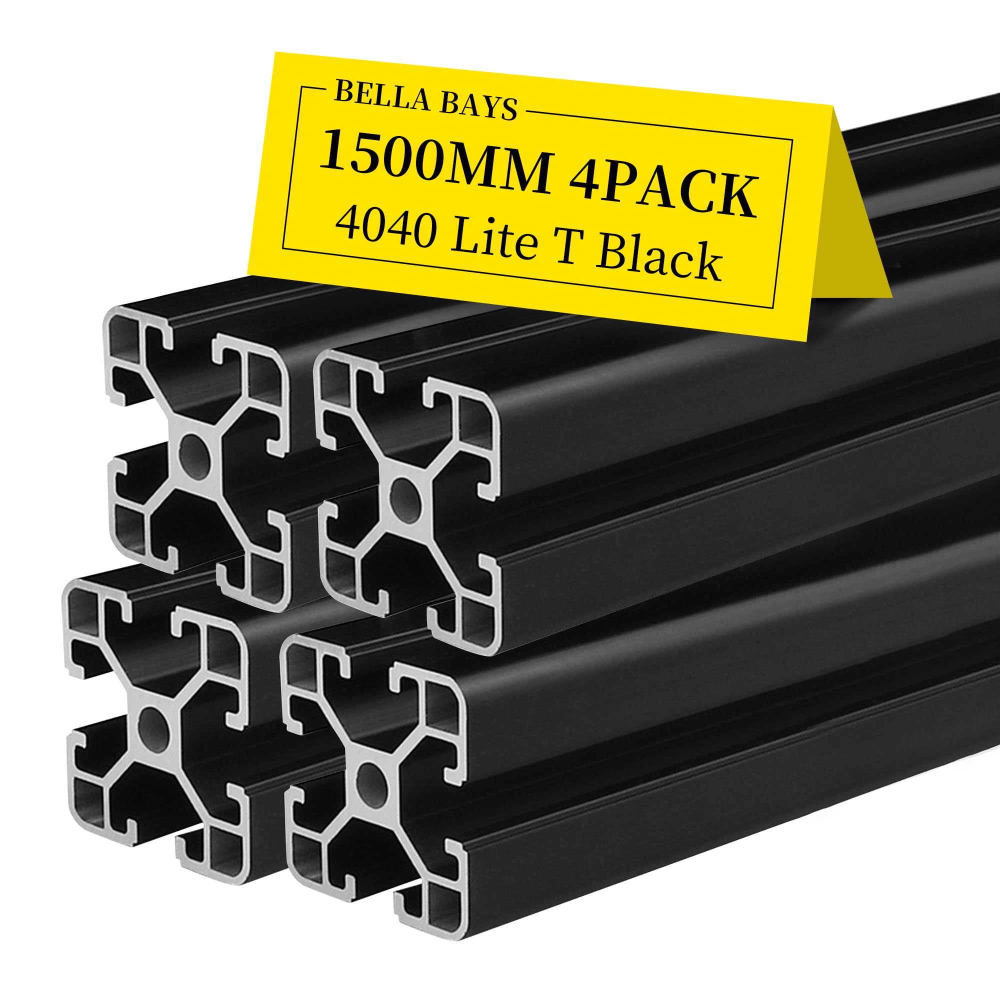 BELLA BAYS 4pcs 1500mm 4040 T-Slot Aluminum Extrusion Profile - Black Anodized European Standard Linear Rail Guide Frame for 3D Printer, Laser Engraver, CNC Workbench & DIY Projects | Perfect for Workshop, Maker Space & Industrial Applications