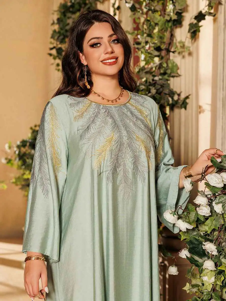 Elegant Eid Embroidered Hotfix Rhinestone Caftan Kaftan Dress for Women - Perfect for Holiday Parties, Weddings & Special Occasions