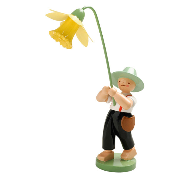 Wendt & Kuhn Handcrafted Wooden Boy with Daffodil Figurine - Vintage Home Decor & Spring Gift Idea for Collectors