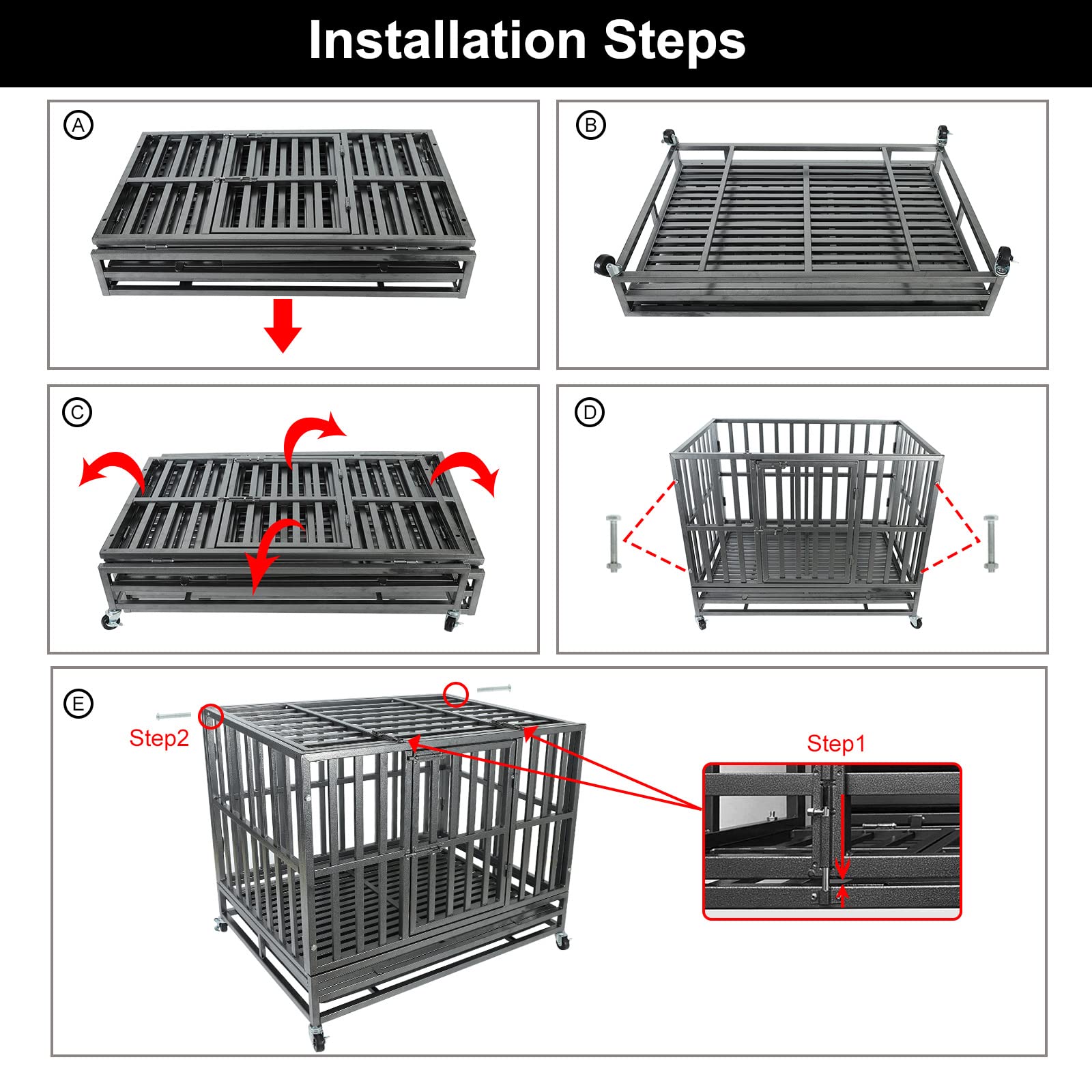 Confote 47-Inch Heavy Duty Dog Kennel - Strong Metal Dog Cage & Pet Crate for Medium & Large Breeds with 4 Lockable Wheels & Removable Tray | Indoor/Outdoor Use, Travel, Home Security, Vet Visits & Training