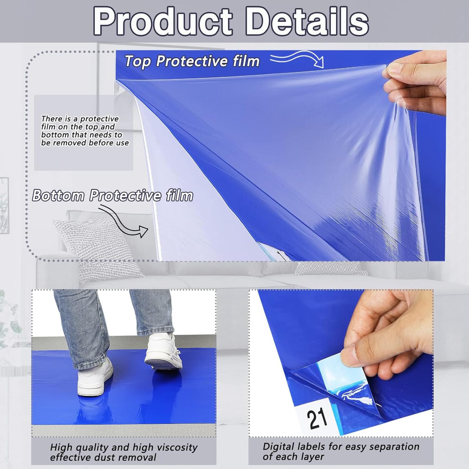 Riakrum 300 Sheets 24x36 Inch Sticky Rubber Mat - Tacky Blue Adhesive Non-Slip Flooring for Basketball Courts, Clean Rooms, Laboratories & Hospitals - Anti-Slip Shoe Covers for Safety & Hygiene