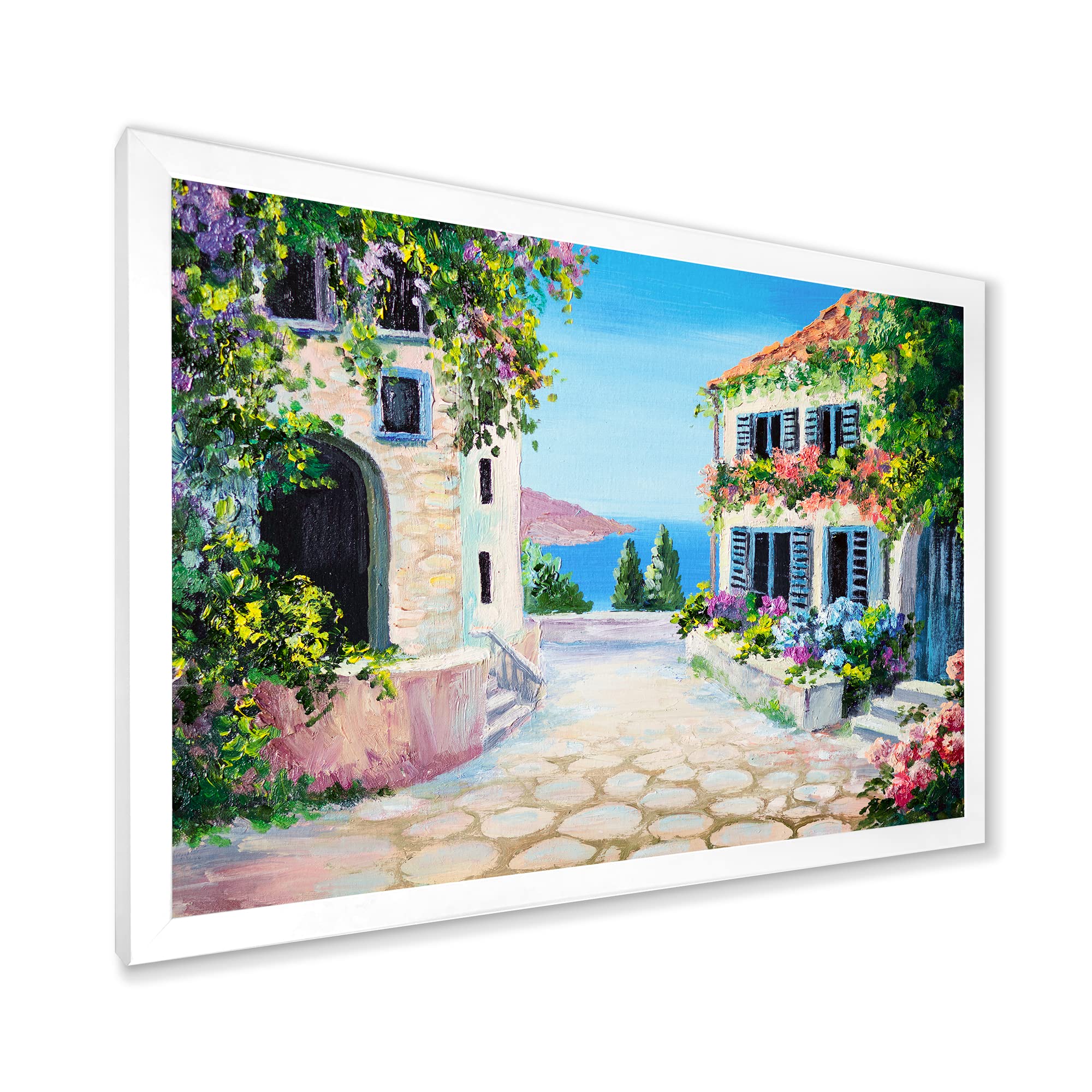 DesignQ White Houses With Blossoming Flowers Near The Sea - Nautical Coastal Framed Wall Art Decor for Beach House, Living Room & Office