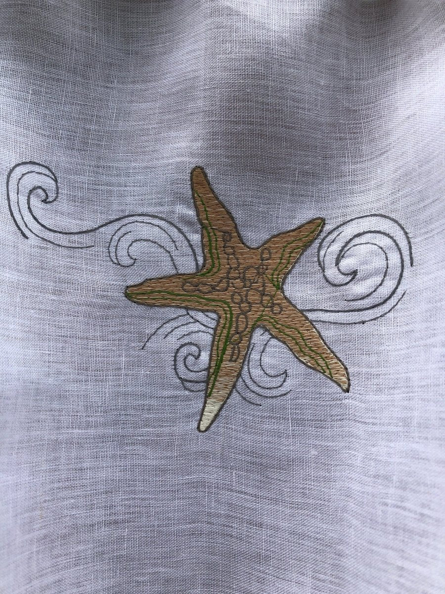 Bewsey White Tie-Up Window Curtain with Starfish Machine Embroidery - Elegant Bathroom & Bedroom Curtains for Coastal Home Decor