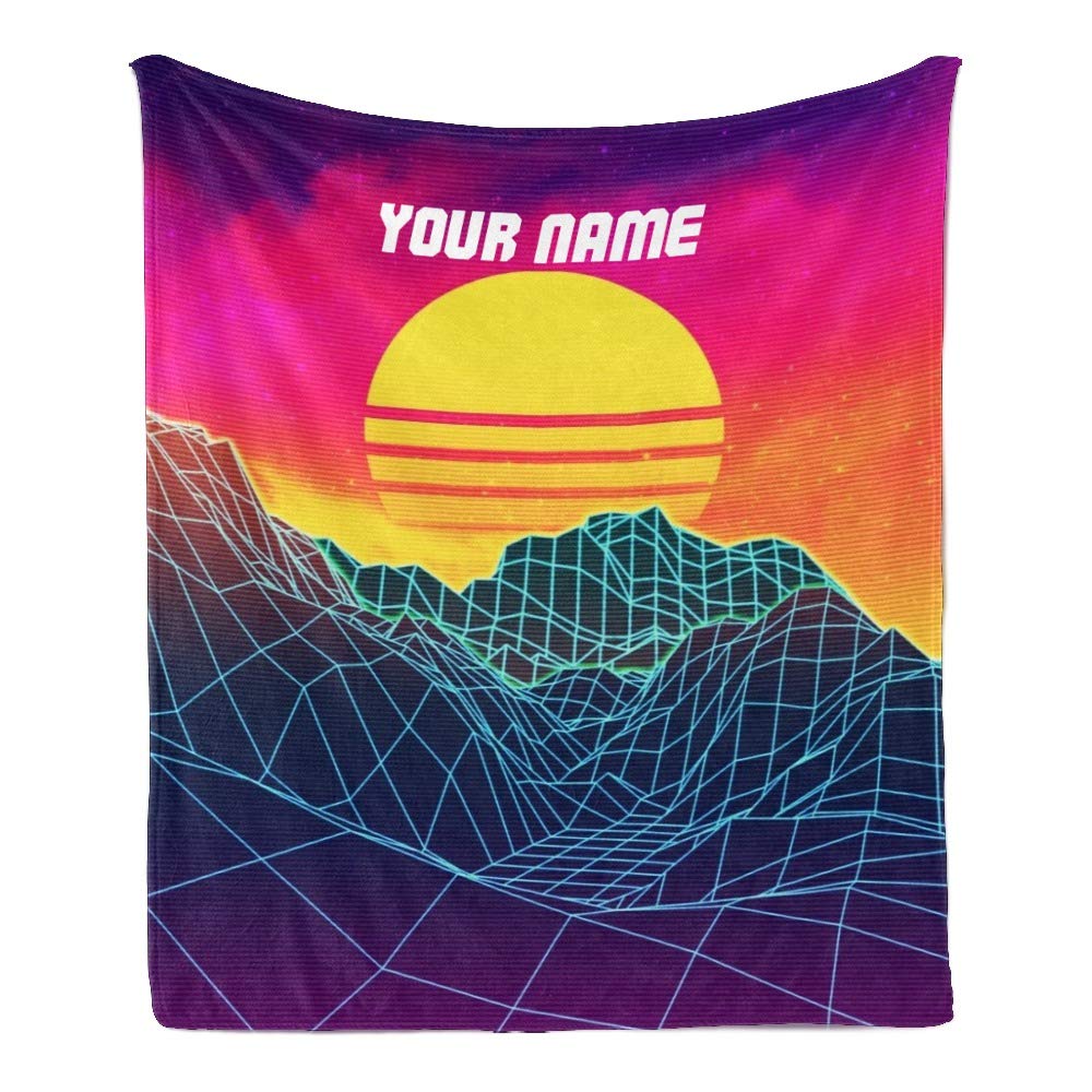 Personalized Neon Glowing Grid Retro Fleece Throw Blanket - Custom Name Text, Super Soft 50x60 Inch Blanket for Couch, Sofa & Bed | Perfect for Gifts, Movie Nights & Cozy Home Decor