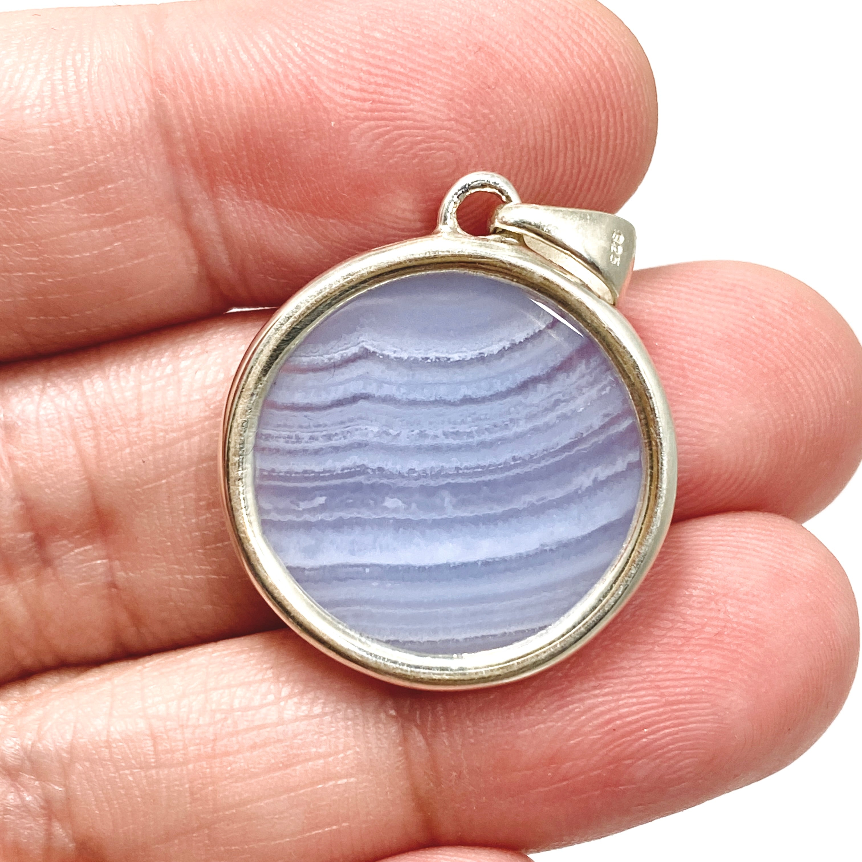 Blue Lace Agate Round Cabochon Pendant KPGJ4817 - Natural Stone Jewelry for Women, Healing Crystal Necklace - Perfect for Meditation, Yoga & Spiritual Gifts