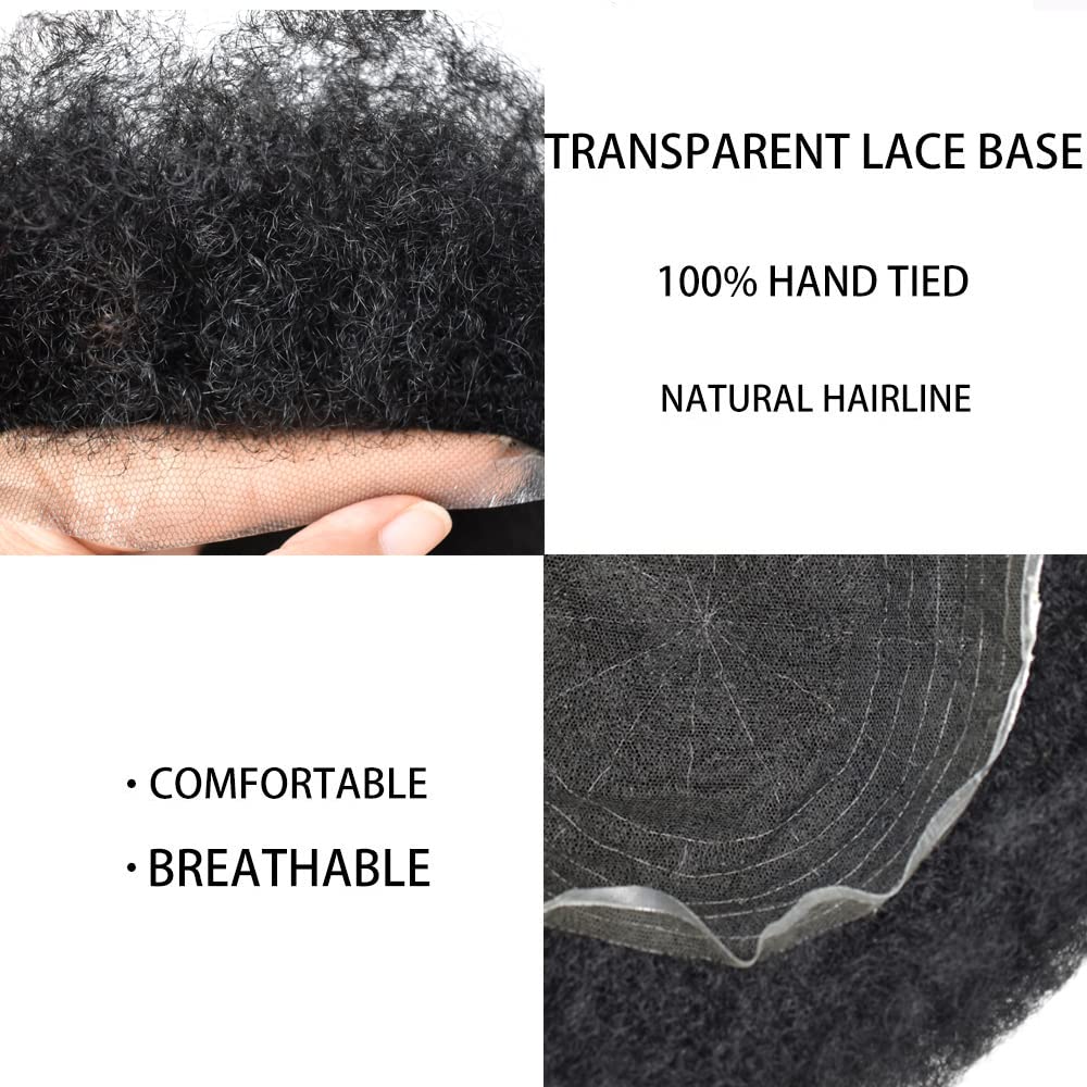 Full Lace Afro Toupee for Black Men - Kinky Curly Virgin Human Hair System - 8x10 Natural Hairline - 1B# OFF BLACK 4mm - Perfect for Daily Wear, Special Occasions & Hair Restoration