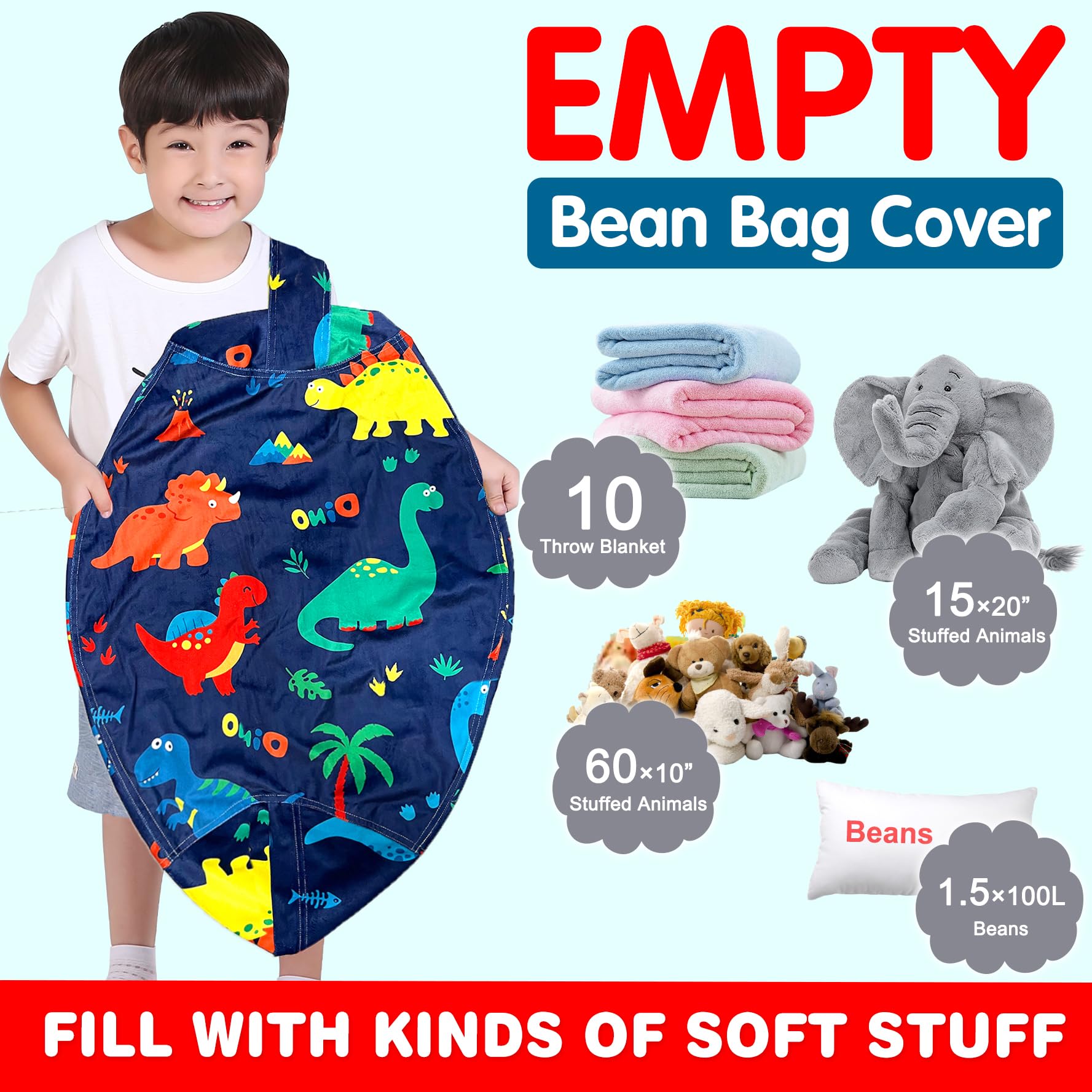 **Lukeight Large Dinosaur Navy Stuffed Animal Storage Bean Bag Chair Cover for Kids - Organize Toddler & Kids' Rooms with Plush Toy Storage - Perfect for Playrooms, Bedrooms & Daycare Centers**