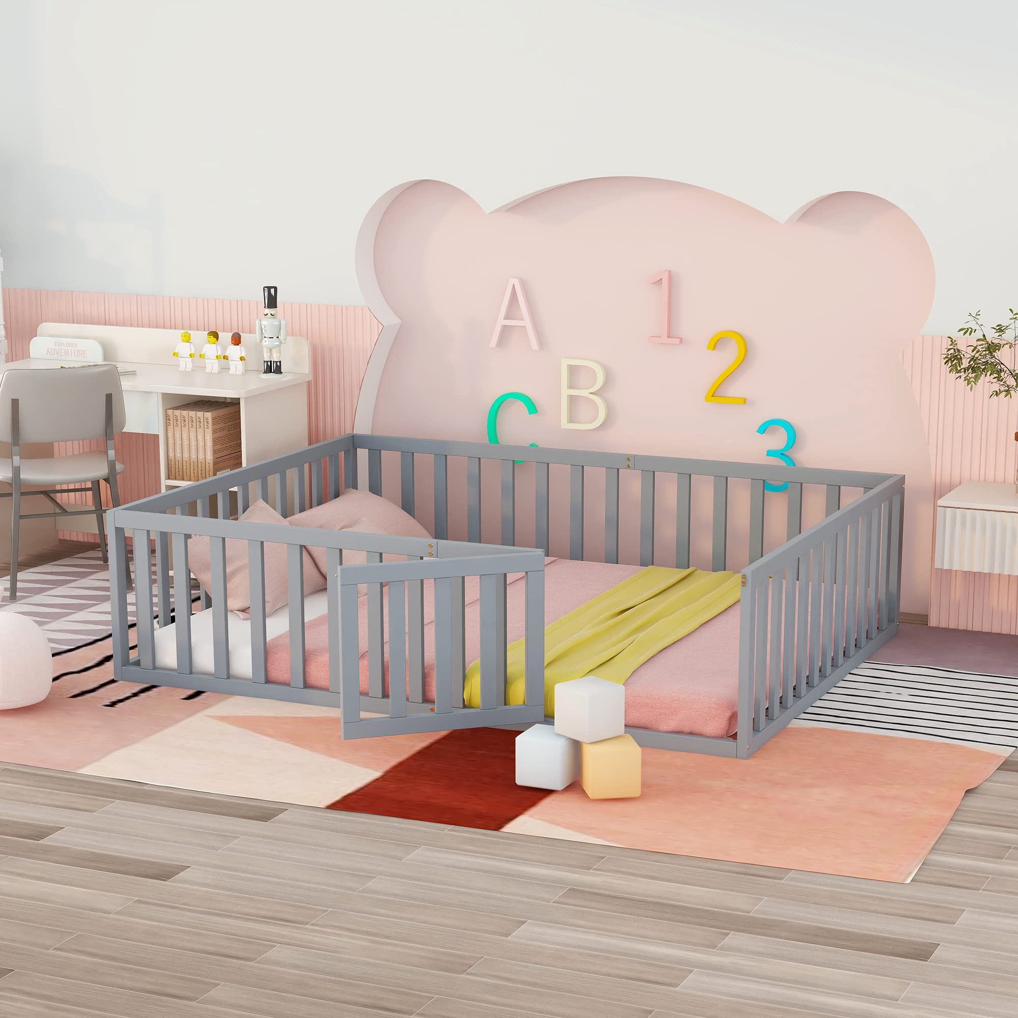 Harper & Bright Designs Queen Size Montessori Floor Bed with Safety Fence - Solid Wood Platform Bed Frame for Kids, Boys & Girls - Gray - Perfect for Child's Room, Playroom & Montessori Learning Spaces
