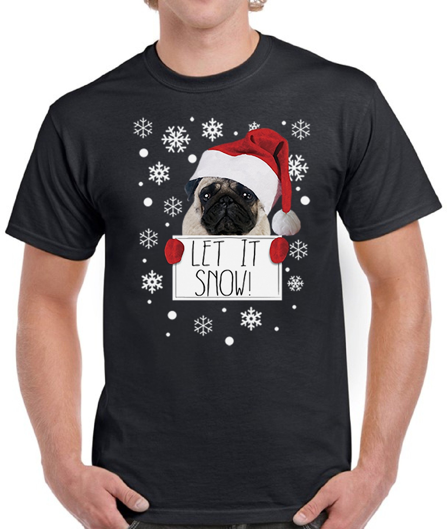 Pekatees Let It Snow Christmas T-Shirt for Men - Funny Pug Dog Holiday Shirt, Cute Xmas Gift for Dog Lovers - Perfect for Holiday Parties & Family Gatherings