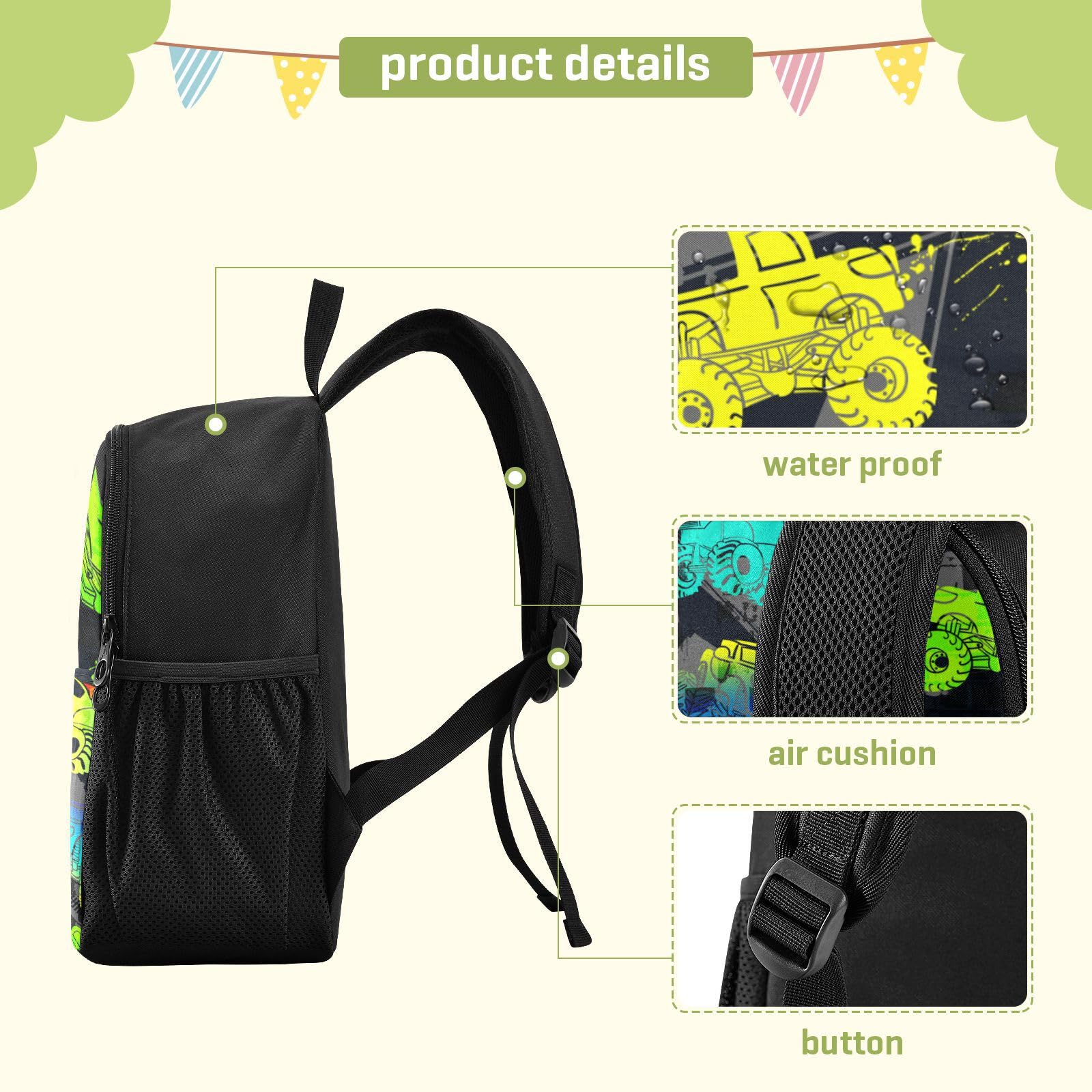 Waterproof Monster Truck Toddler Backpack for Boys & Girls - Cute Small Kindergarten Preschool Bag (Size S) - Perfect for Daycare, Travel & Outdoor Adventures