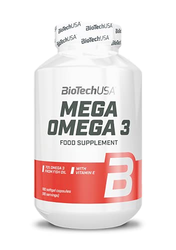 BioTechUSA Mega Omega 3 Fish Oil Supplement - 180 Softgel Capsules for Heart, Brain & Joint Health - Supports Cardiovascular Function & Cognitive Performance - Perfect for Active Lifestyles & Daily Wellness
