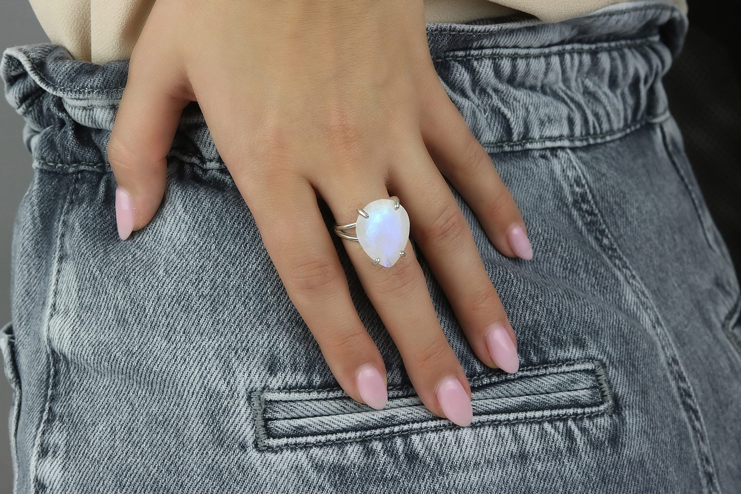 Artisan Pear Moonstone Sterling Silver Ring for Women - June Birthstone, Gemstone & Costume Jewelry - Available in All Sizes & Materials - Perfect for Cocktail Parties, Weddings & Everyday Elegance