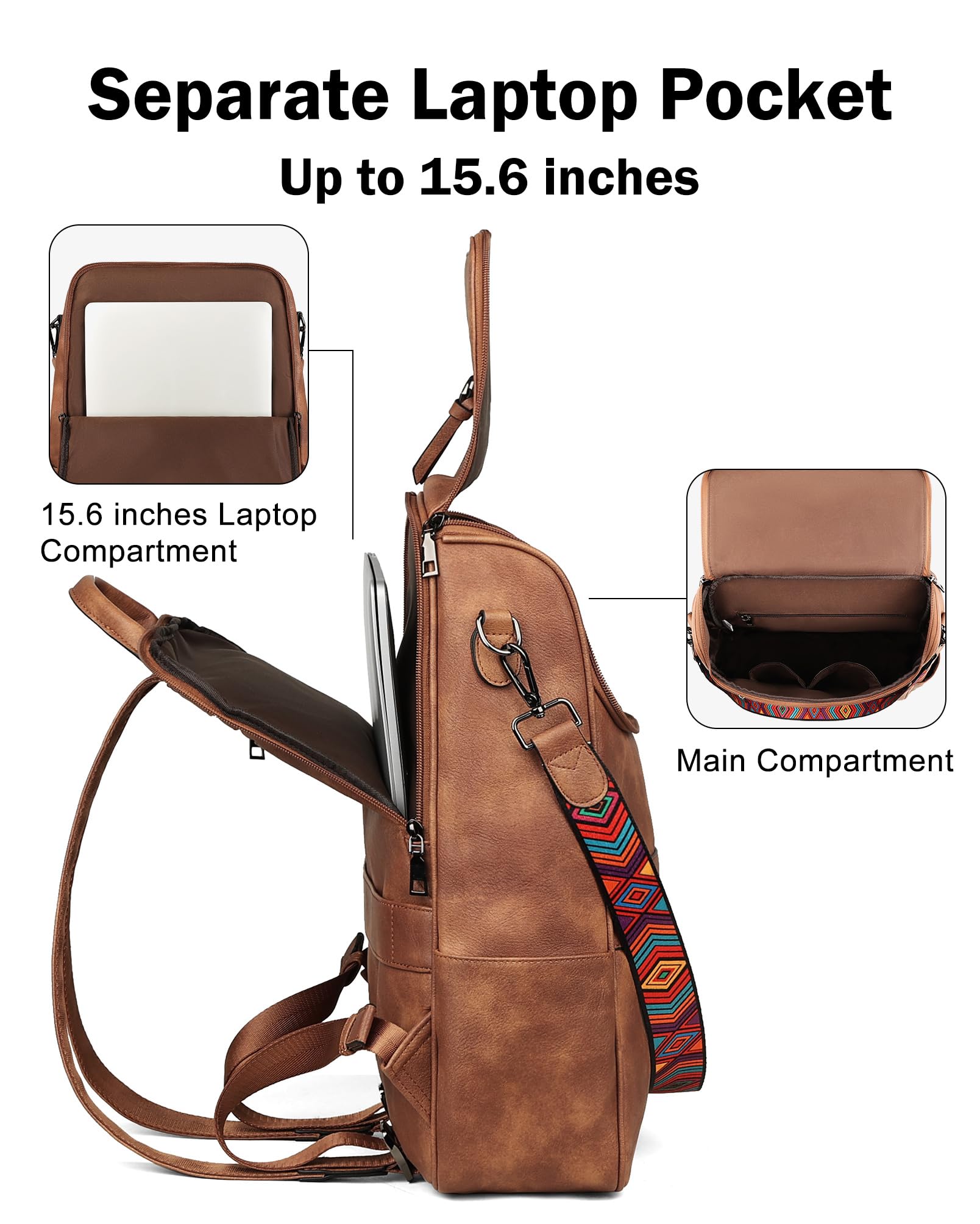 FADEON Women's Leather Laptop Backpack - Stylish Brown Designer Travel Backpack with Laptop Compartment, Perfect for Work, School & Travel