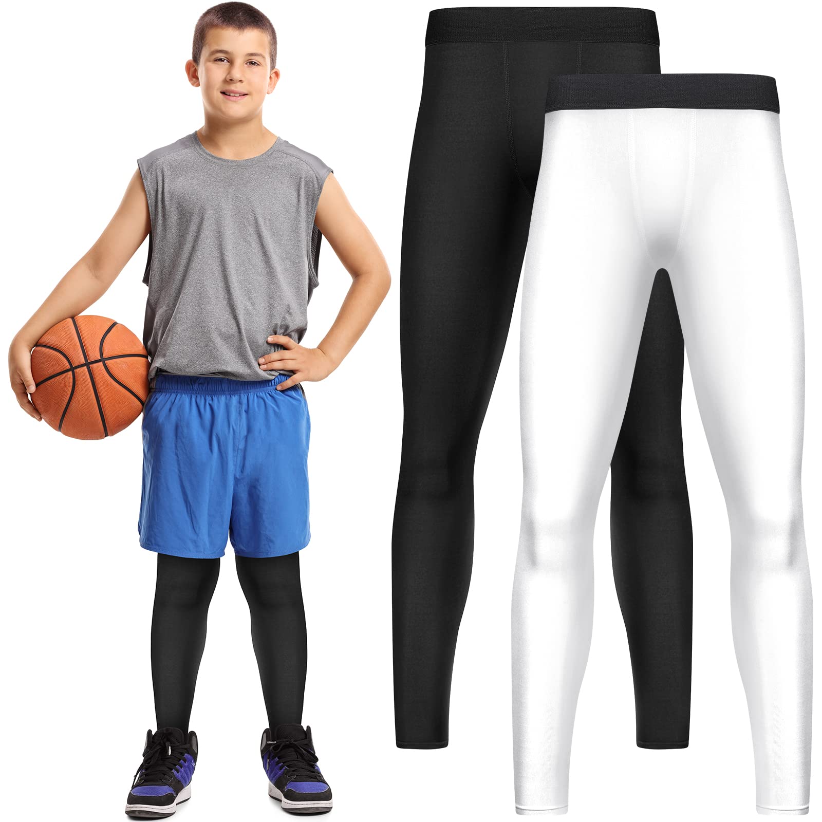 Boys' Compression Leggings 2 Pack - Athletic Tights for Basketball, Running & Sports - Breathable Workout Leggings for Active Boys - Perfect for Training, Gym & Outdoor Activities
