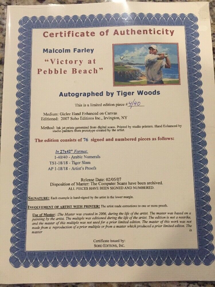Authentic Tiger Woods Signed Pebble Beach Victory Painting by Malcolm Farley - UDA Certified Canvas Art for Golf Memorabilia Collectors | Perfect for Man Cave, Sports Bar Decor or Golf Lover's Gift