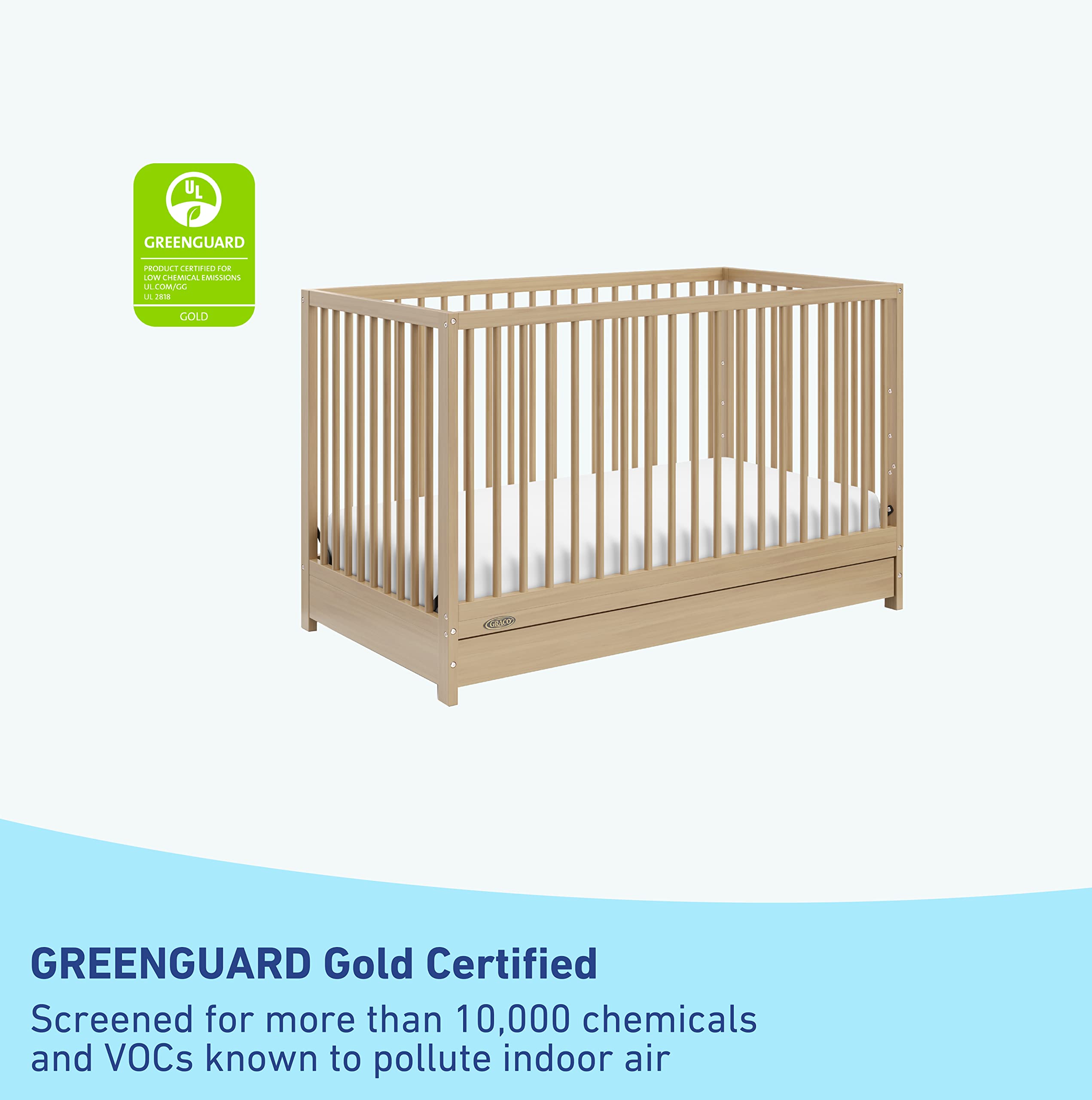 Graco Teddi 5-in-1 Convertible Crib with Storage Drawer in Driftwood – GREENGUARD Gold Certified Baby Crib | Converts to Toddler Bed, Daybed & Full Bed | Nursery Furniture with Built-in Storage | Perfect for Newborns, Infants & Growing Toddlers