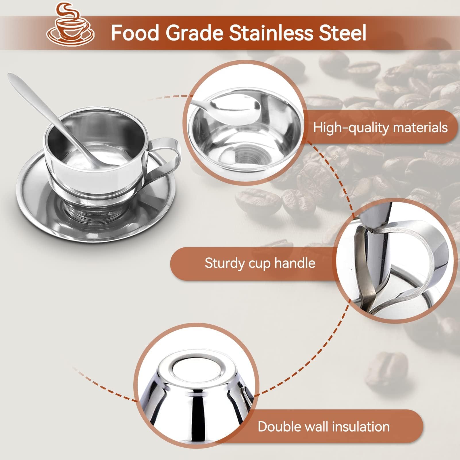 Premium Stainless Steel Coffee Cup Set - 125ML Espresso Mugs with Saucer & Spoon - Ideal for Cappuccino, Latte, Tea - Perfect Gift for Coffee & Tea Lovers - Great for Home, Office, Cafe, and Restaurant Use