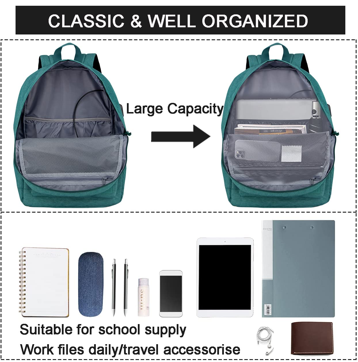 SUPACOOL Lightweight Laptop Backpack for Men & Women - College Backpack with USB Charging Port (Green) - Perfect for Work, School & Travel